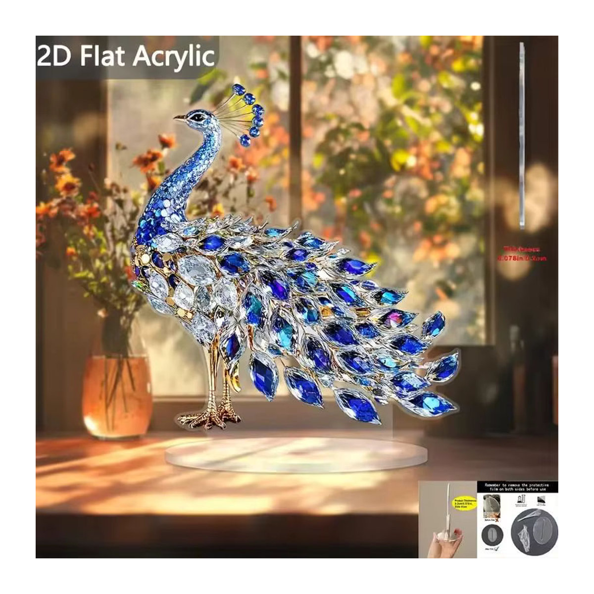 A-Nice Kristall-Pfau Ornament aus Acryl, blaue 2D flache Acrylfigur als Tischdekoration für Wohnzimmer und Büro - Bild 3