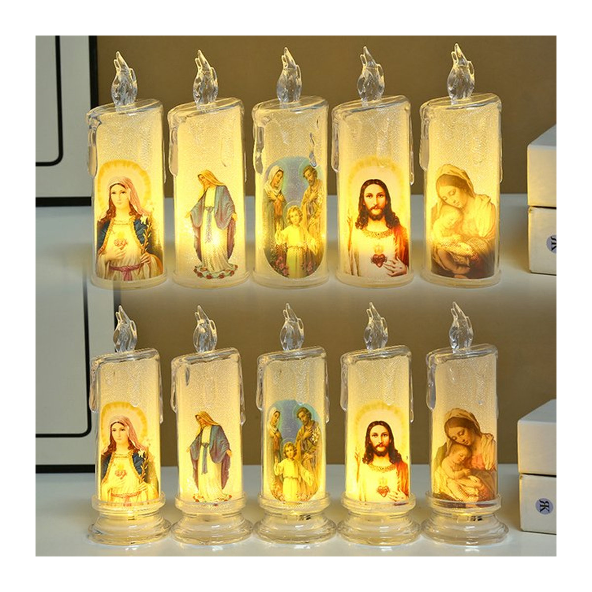A-Nice LED Gebetskerze Jesus Christus Jungfrau mit Flackereffekt, weiße flammenlose Teelicht-Dekorationskerze aus Kunststoff - Bild 1