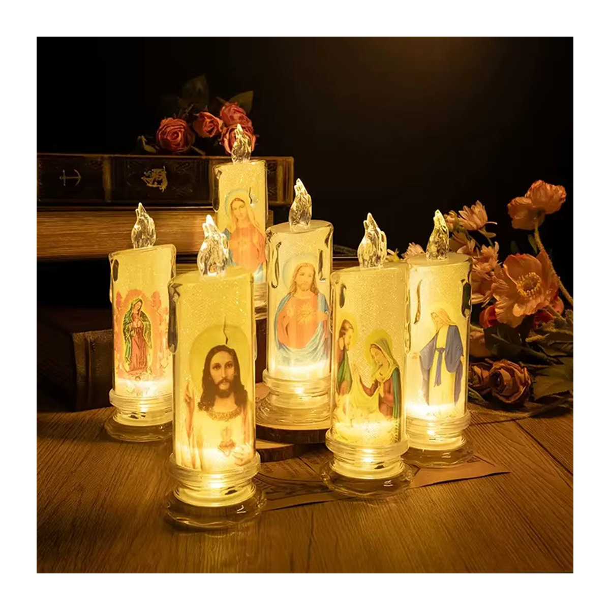 A-Nice LED Gebetskerze Jesus Christus Jungfrau mit Flackereffekt, weiße flammenlose Teelicht-Dekorationskerze aus Kunststoff - Bild 2