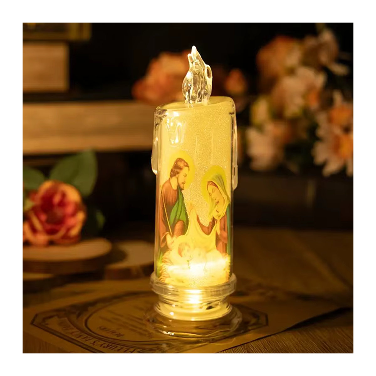 A-Nice LED Gebetskerze Jesus Christus Jungfrau mit Flackereffekt, weiße flammenlose Teelicht-Dekorationskerze aus Kunststoff - Bild 4