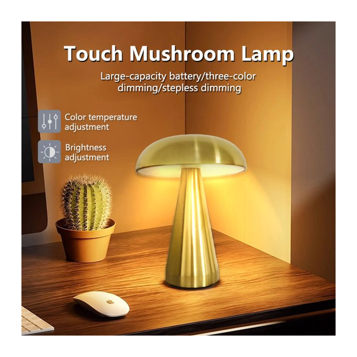 Aamasun Retro LED Tischlampe in Pilzform mit Touch-Sensor und 3 Farbtemperaturen, alufarben - Bild 1
