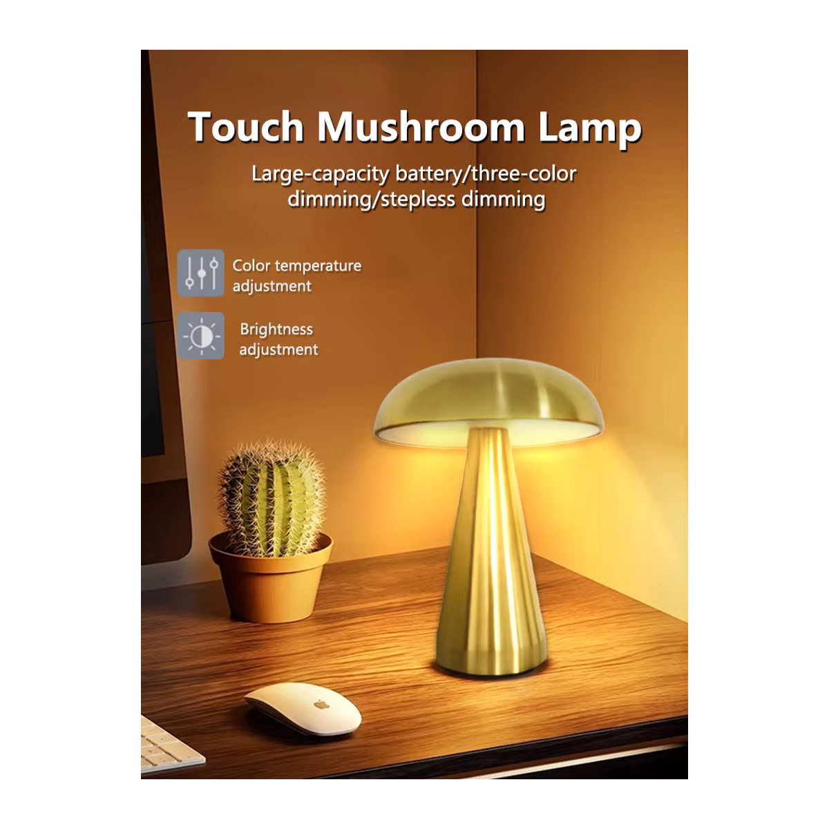 Aamasun Retro LED Tischlampe in Pilzform mit Touch-Sensor und 3 Farbtemperaturen, alufarben - Bild 4