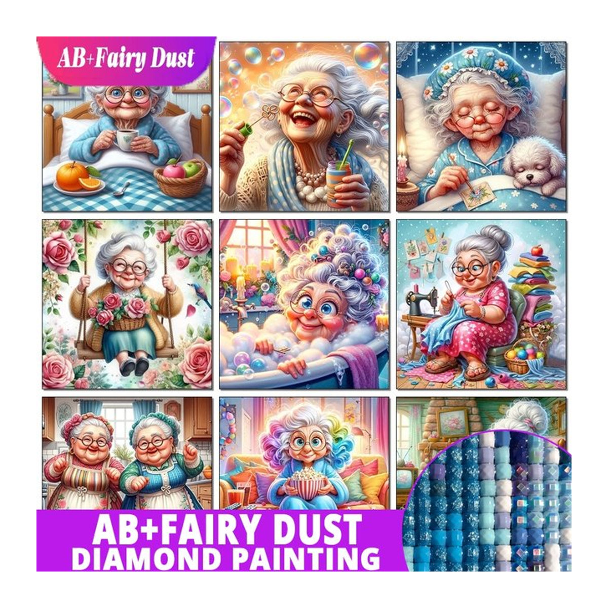 AB Fairy Dust Diamond Art Gemälde Oma Bild von Strasssteinen 5D DIY Mosaik Bastelset für Erwachsene, mehrfarbig - Bild 1