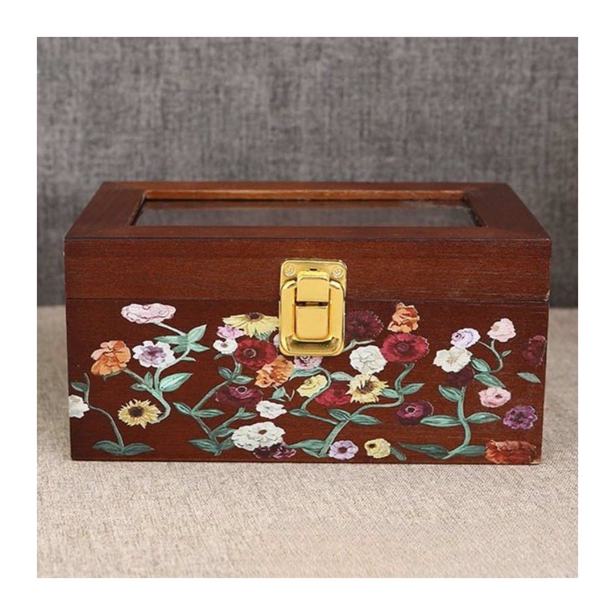 Abdo Holz-Schmuckschatulle in Braun mit transparentem Deckel und Schloss als Vintage Schmuck-Organizer für Ringe, Ohrringe, Armbänder und Halsketten - Bild 1