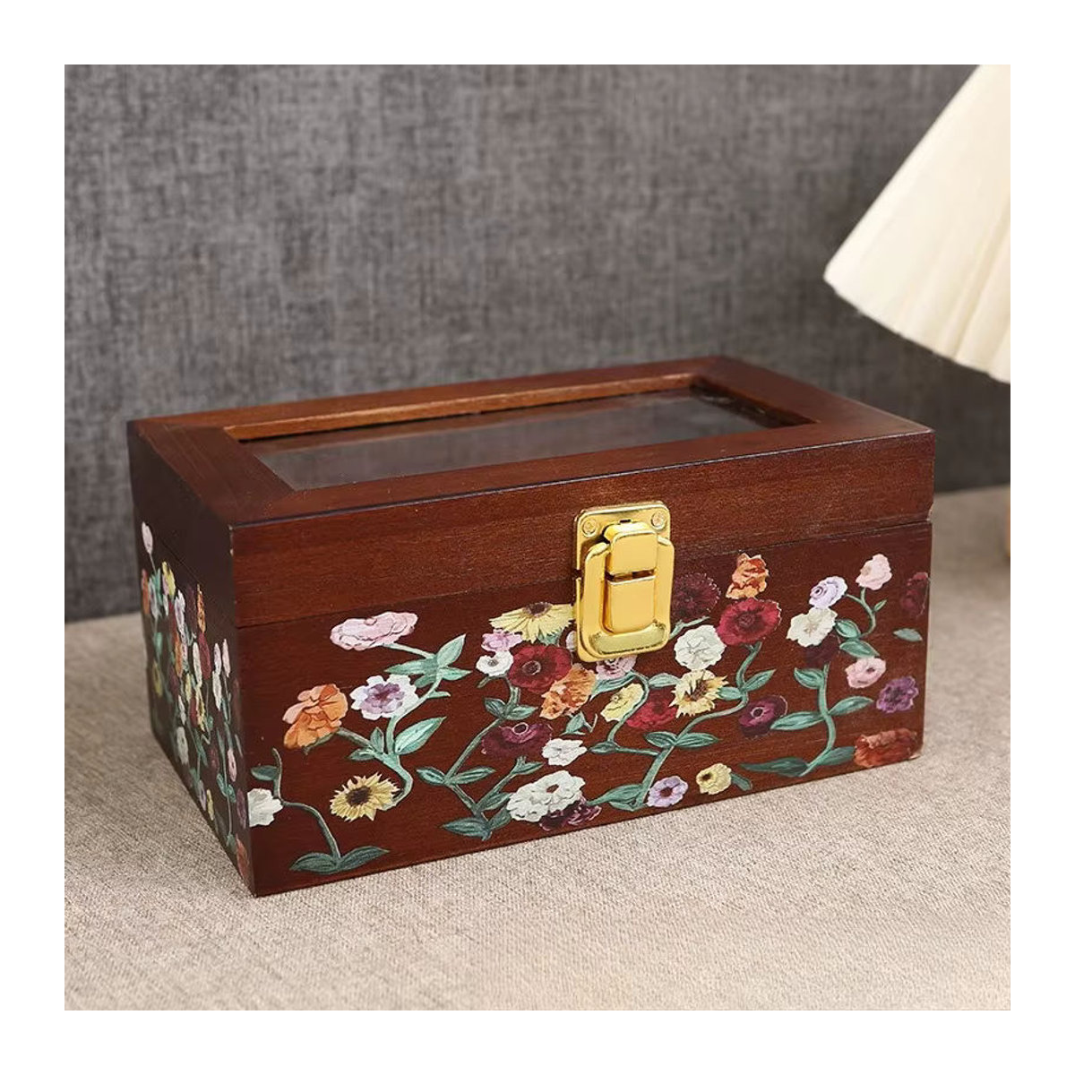 Abdo Holz-Schmuckschatulle in Braun mit transparentem Deckel und Schloss als Vintage Schmuck-Organizer für Ringe, Ohrringe, Armbänder und Halsketten - Bild 2