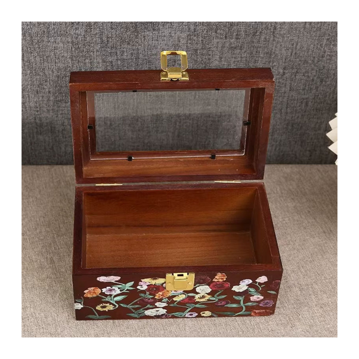 Abdo Holz-Schmuckschatulle in Braun mit transparentem Deckel und Schloss als Vintage Schmuck-Organizer für Ringe, Ohrringe, Armbänder und Halsketten - Bild 3
