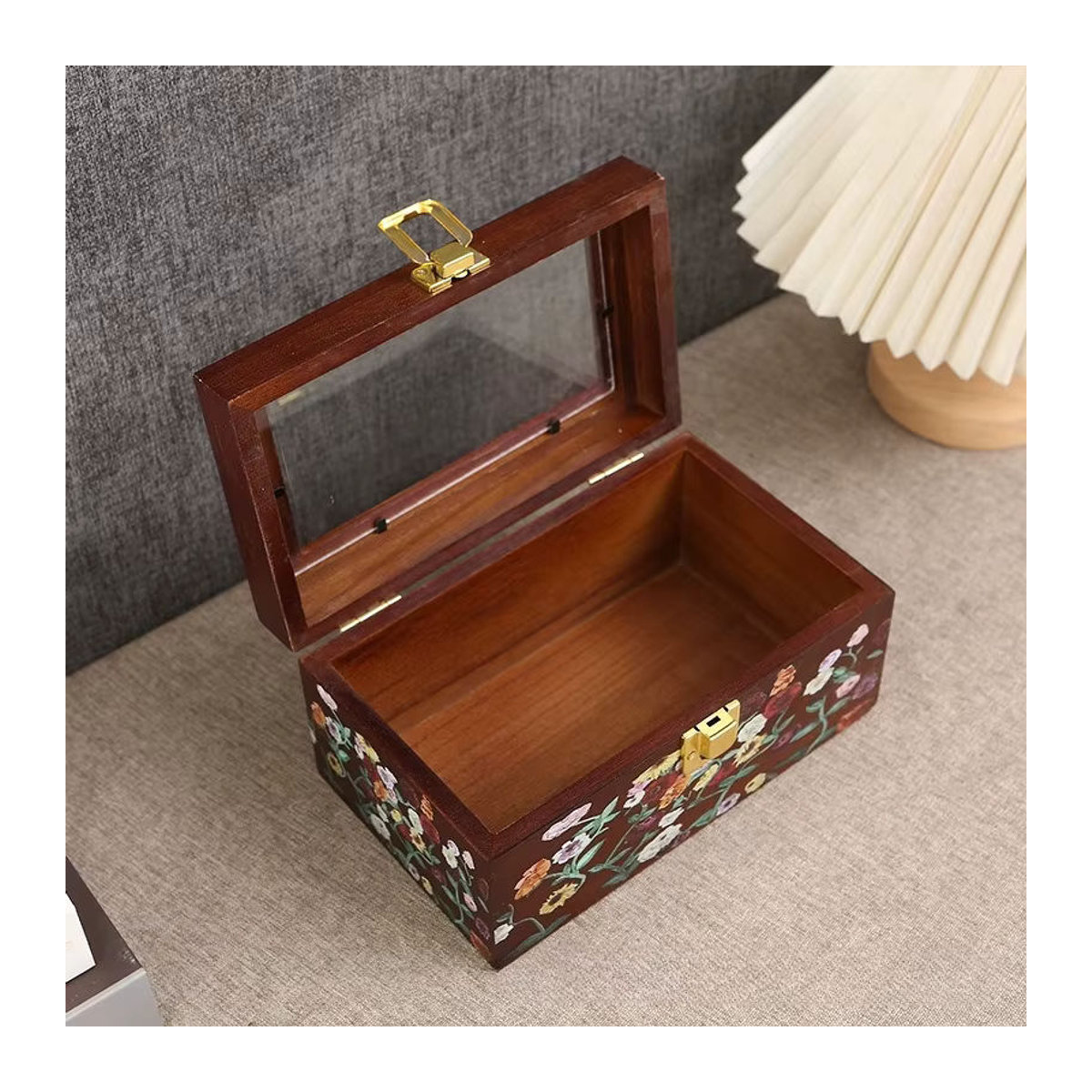 Abdo Holz-Schmuckschatulle in Braun mit transparentem Deckel und Schloss als Vintage Schmuck-Organizer für Ringe, Ohrringe, Armbänder und Halsketten - Bild 4