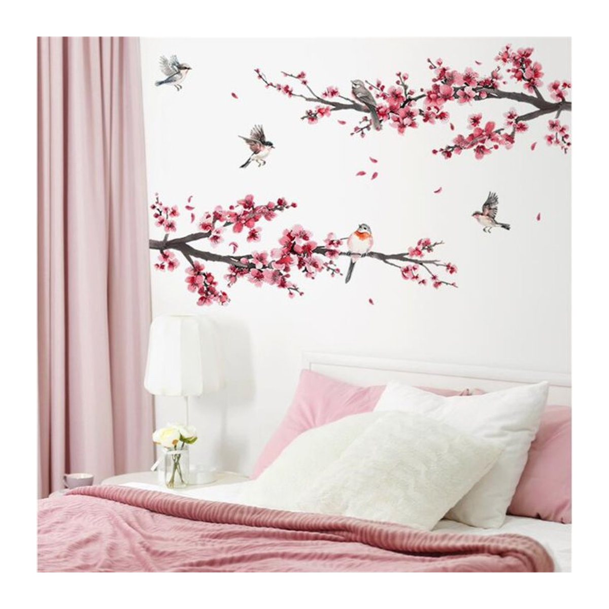 Abnehmbare Wandaufkleber mit Aquarell-Pfirsichblüten und Vögeln in Mehrfarbig, Florales Wanddesign für Schlafzimmer und Wohnzimmer - Bild 1