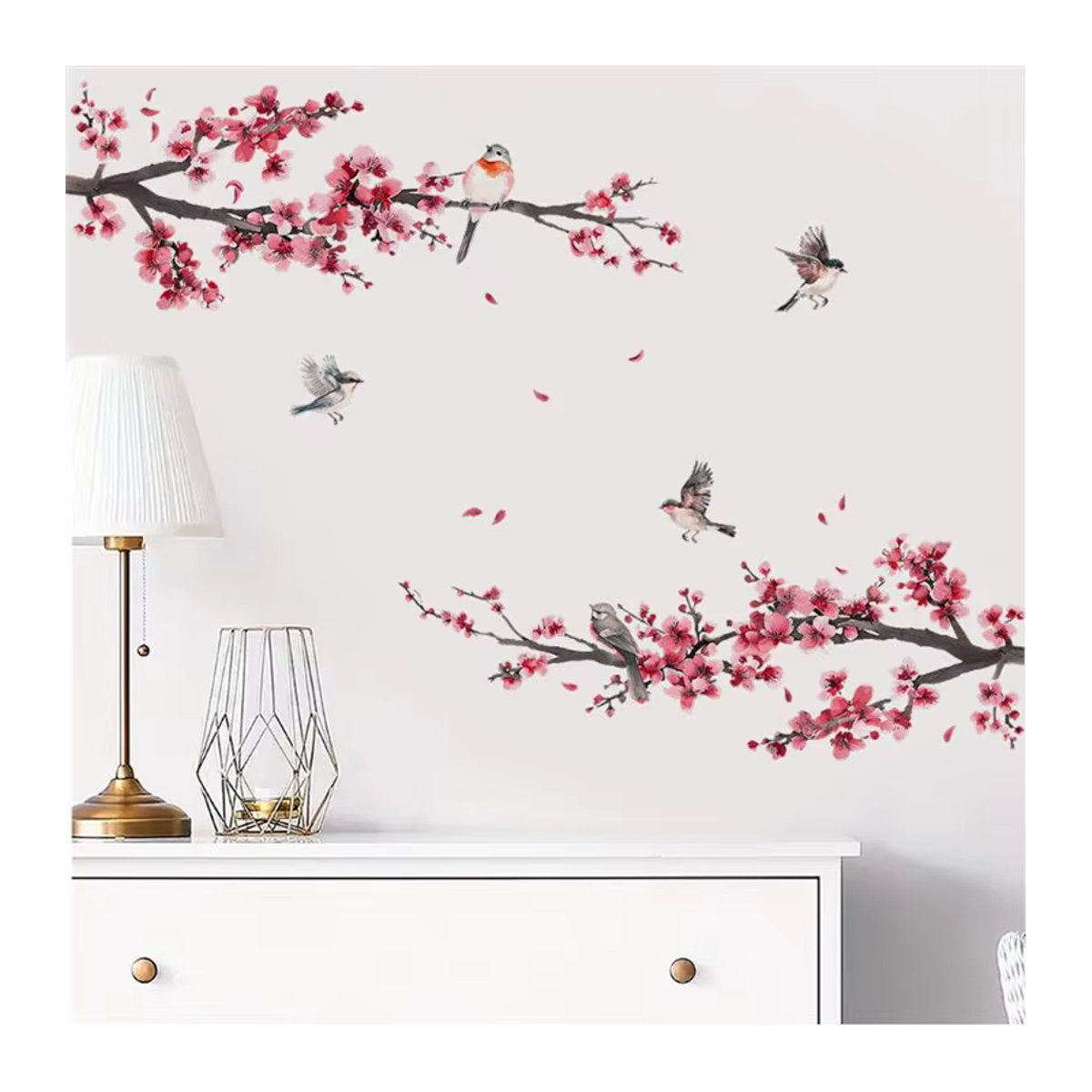 Abnehmbare Wandaufkleber mit Aquarell-Pfirsichblüten und Vögeln in Mehrfarbig, Florales Wanddesign für Schlafzimmer und Wohnzimmer - Bild 2
