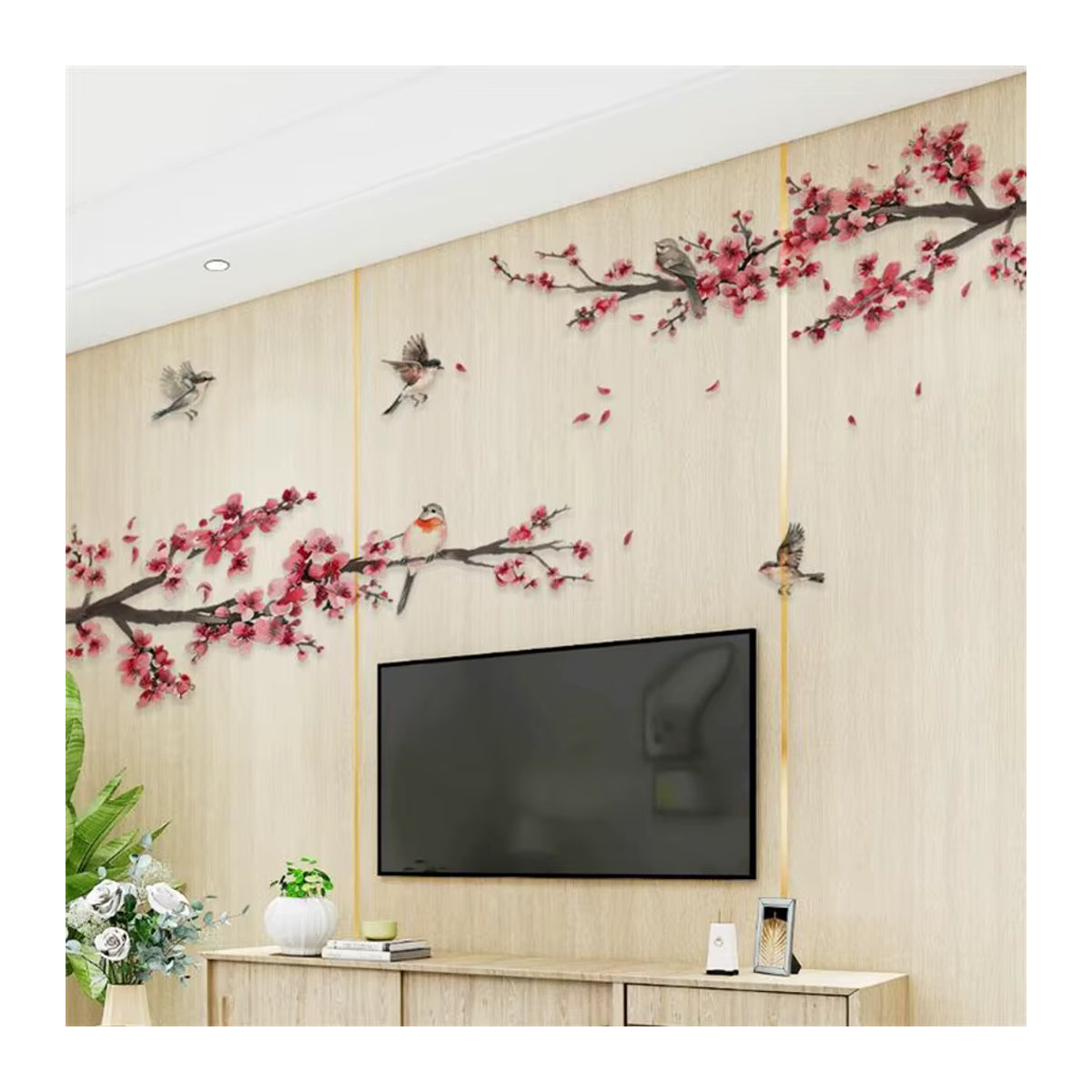 Abnehmbare Wandaufkleber mit Aquarell-Pfirsichblüten und Vögeln in Mehrfarbig, Florales Wanddesign für Schlafzimmer und Wohnzimmer - Bild 3