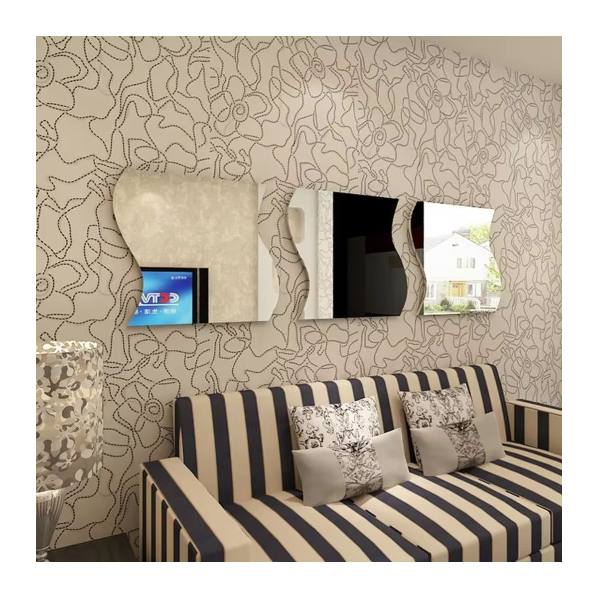 Abnehmbarer 3D Acryl Wandspiegel in Silber mit unregelmäßigem Wellendesign für moderne Wohnzimmer und TV-Wände - Bild 1