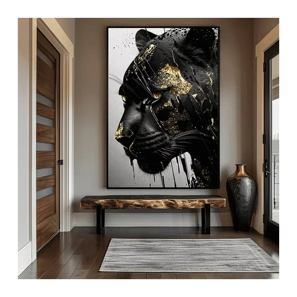 Abstrakte Black Panther Wandkunst von Potdemiel als Leinwand-Poster in Schwarz und Gold für dein Wohnzimmer - Bild 1