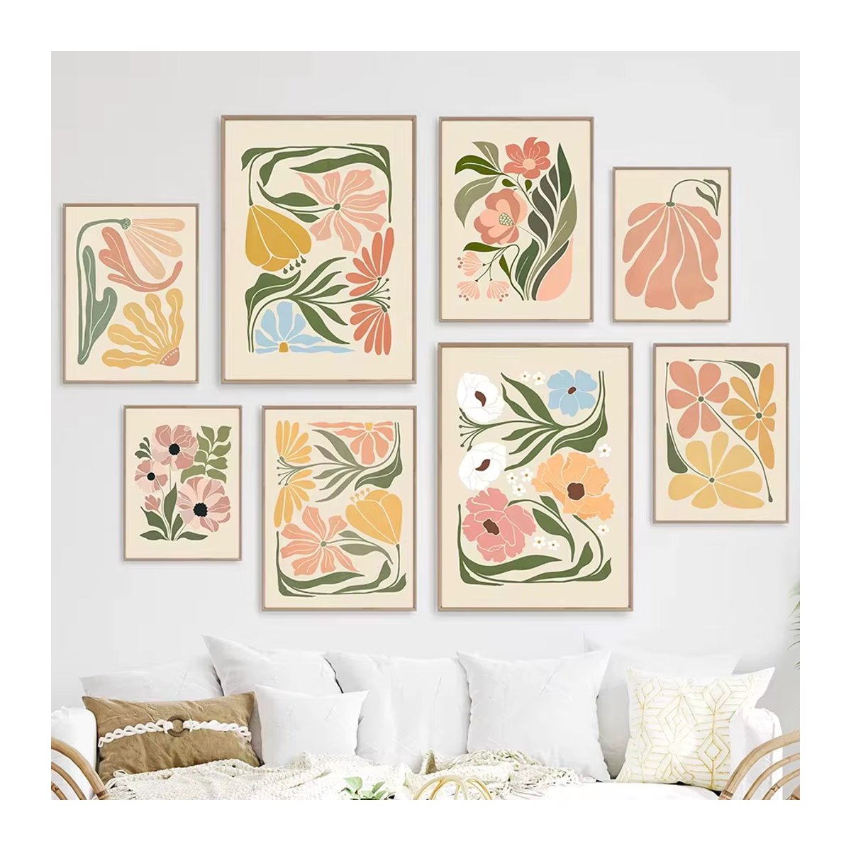 Abstrakte Blumenmarkt-Leinwandbilder von Potdemiel mit Pfingstrosen und Gänseblümchen in Vintage-Optik, mehrfarbiges florales Wandbild im Hochformat - Bild 1