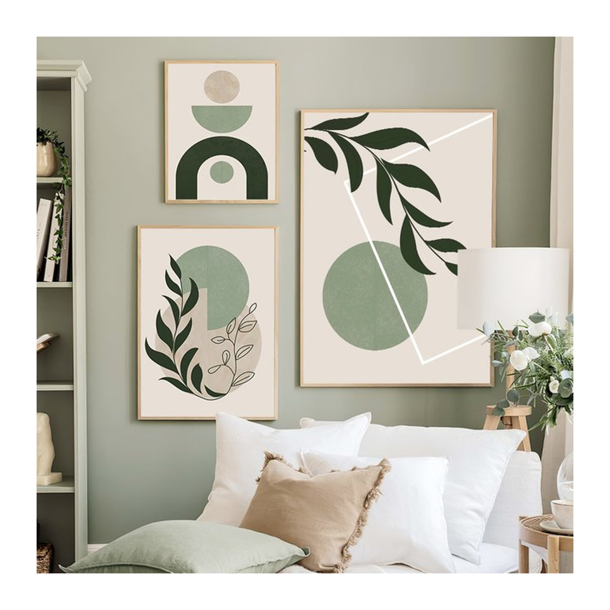 Abstrakte Leinwand als Wandkunst mit geometrischer Landschaft und Blättern in Grün und Mehrfarbig im skandinavischen Stil - Bild 1