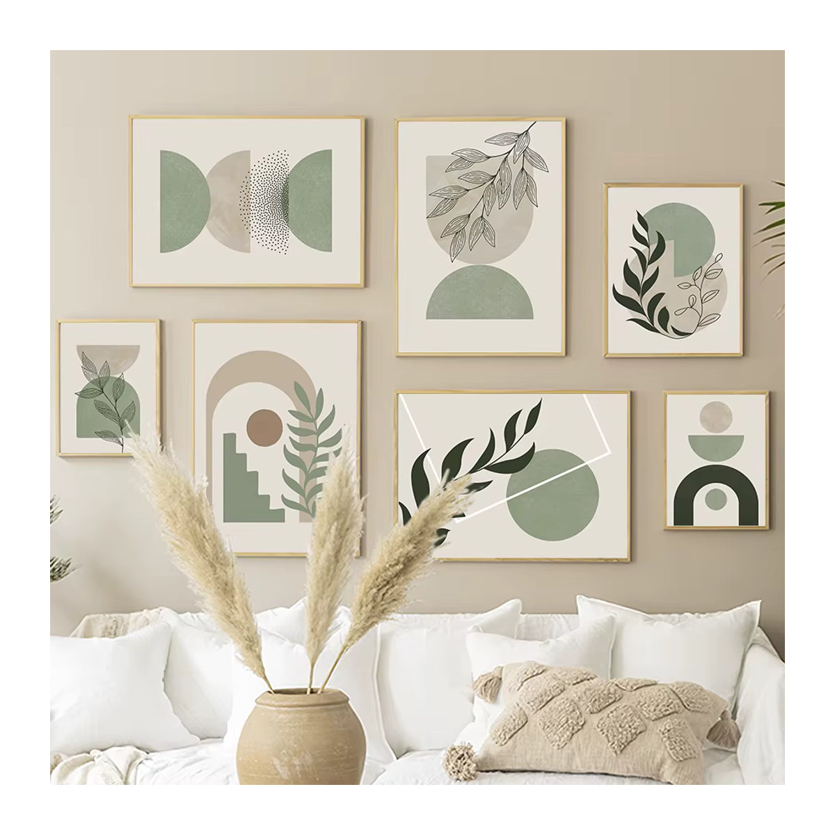 Abstrakte Leinwand als Wandkunst mit geometrischer Landschaft und Blättern in Grün und Mehrfarbig im skandinavischen Stil - Bild 2