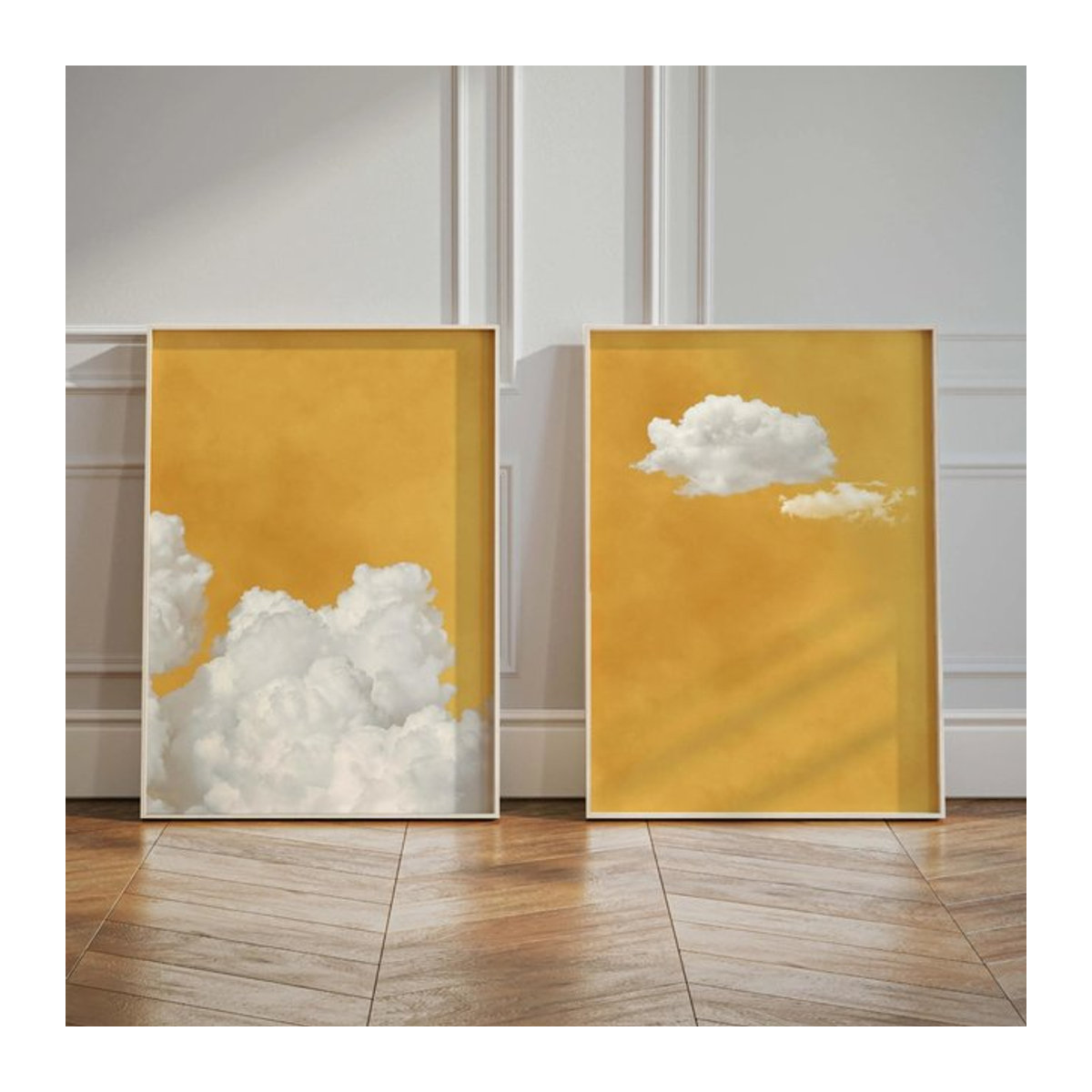 Abstrakte Leinwand Wandkunst mit gelbem Hintergrund und weißer Wolke für moderne Wohnzimmer und Schlafzimmer, Hochformat - Bild 1