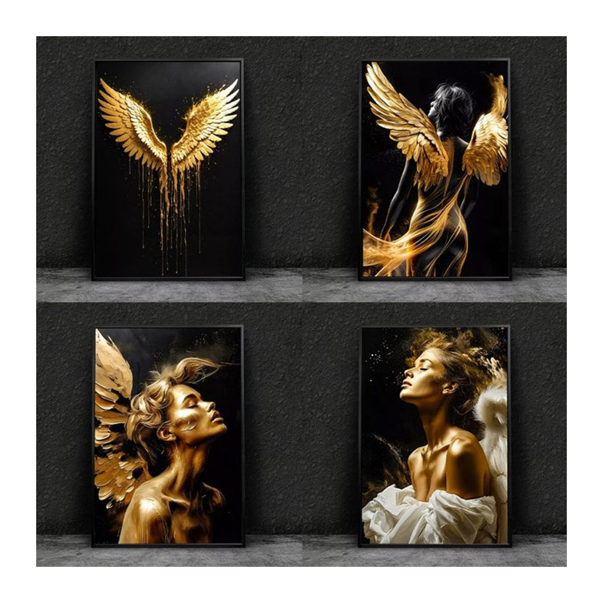 Abstrakte Leinwandmalerei mit Engel-Flügeln und Frau in Gold und Schwarz als Wandbild für dein Wohnzimmer - Bild 1