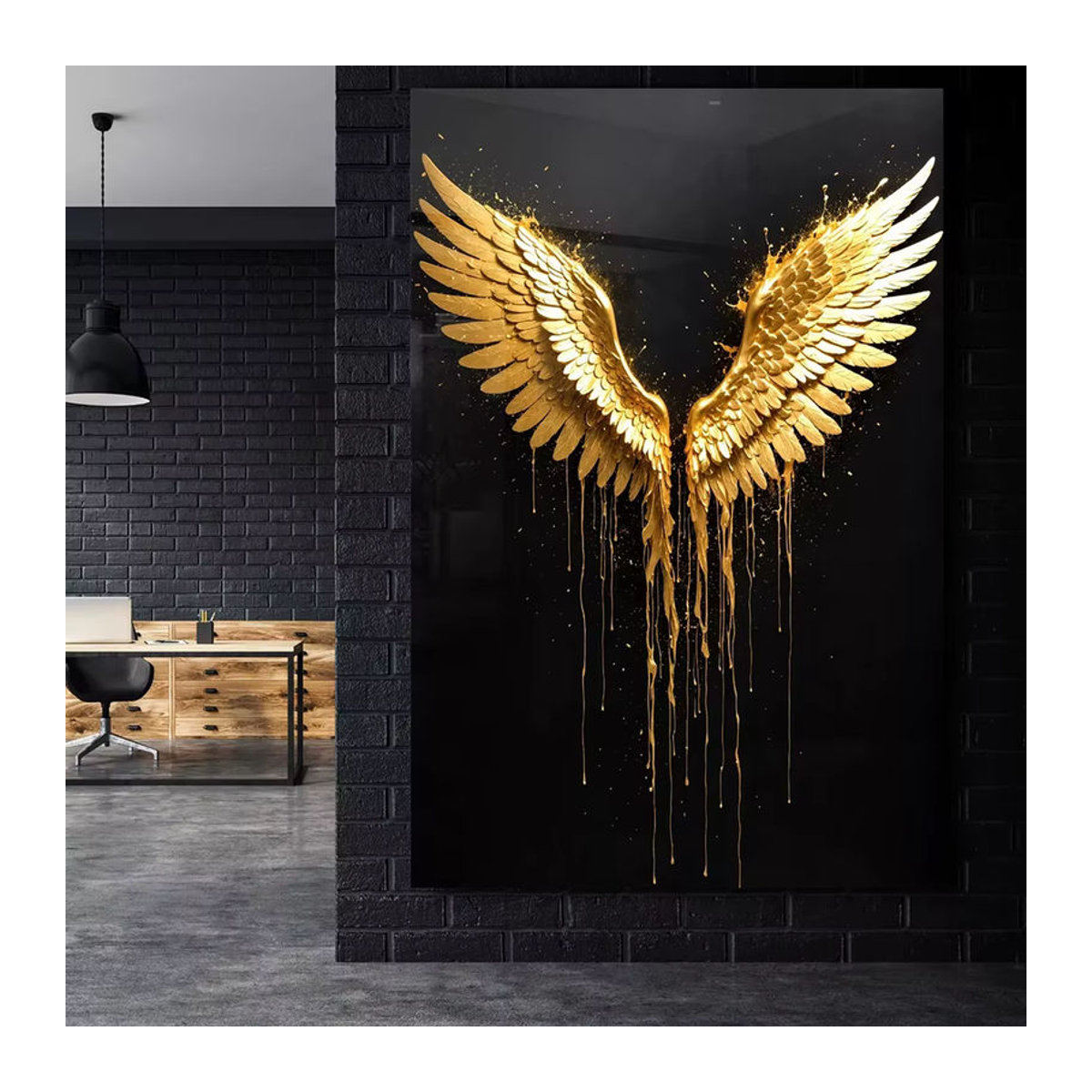 Abstrakte Leinwandmalerei mit Engel-Flügeln und Frau in Gold und Schwarz als Wandbild für dein Wohnzimmer - Bild 2