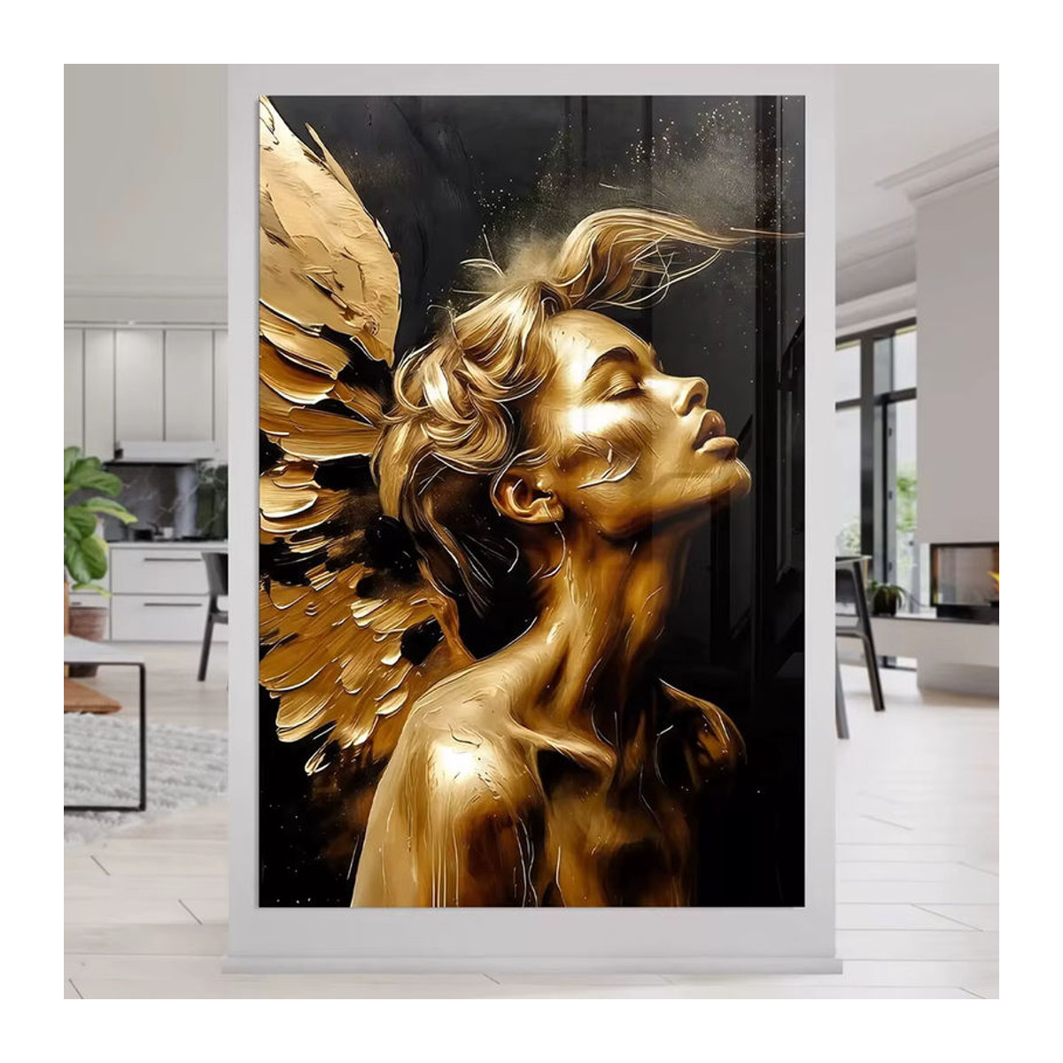 Abstrakte Leinwandmalerei mit Engel-Flügeln und Frau in Gold und Schwarz als Wandbild für dein Wohnzimmer - Bild 3