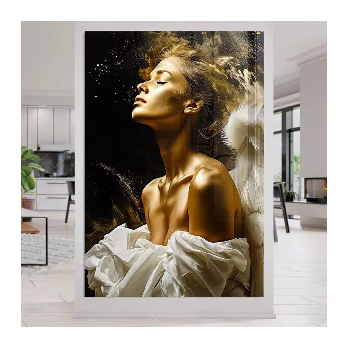 Abstrakte Leinwandmalerei mit Engel-Flügeln und Frau in Gold und Schwarz als Wandbild für dein Wohnzimmer - Bild 4