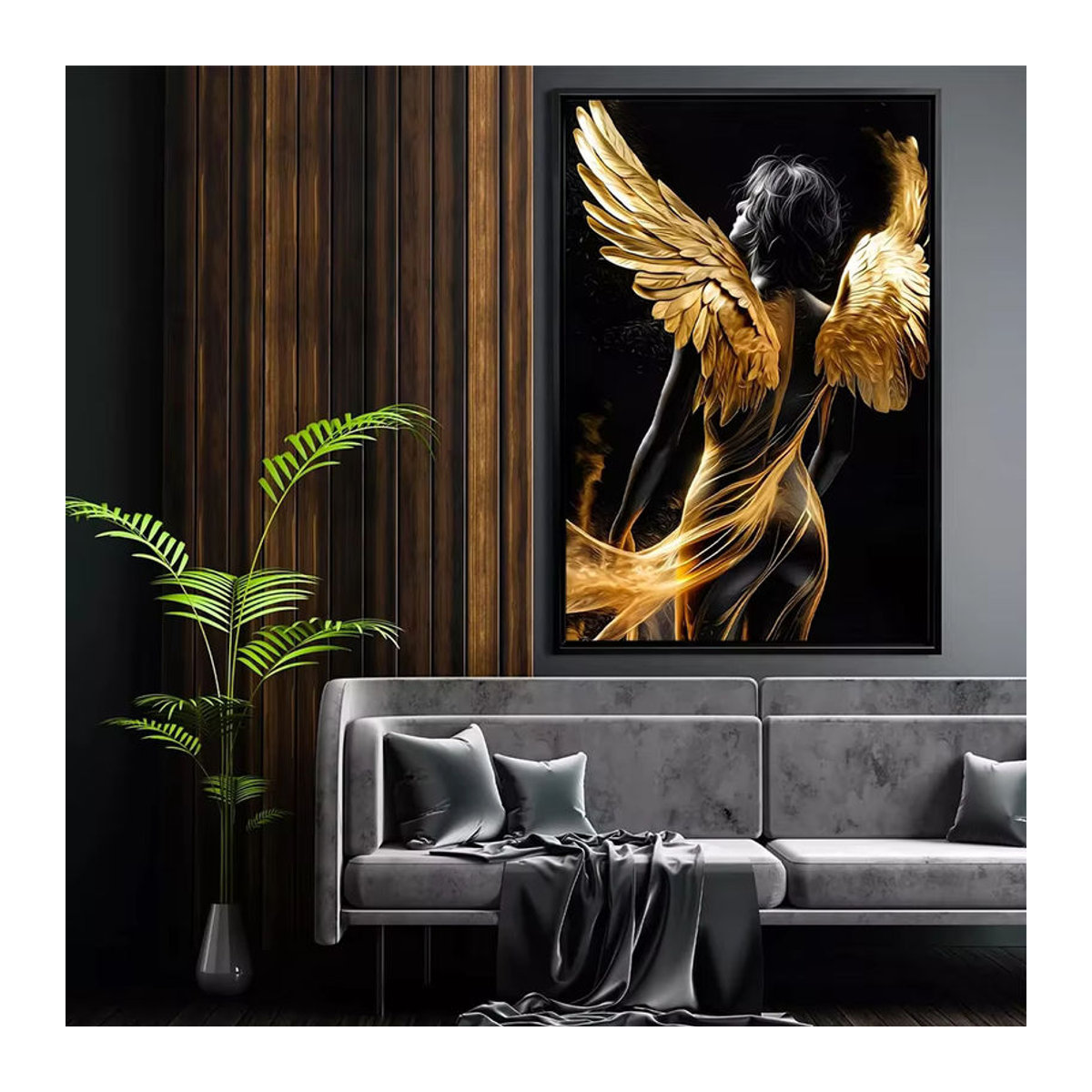 Abstrakte Leinwandmalerei mit Engel-Flügeln und Frau in Gold und Schwarz als Wandbild für dein Wohnzimmer - Bild 5