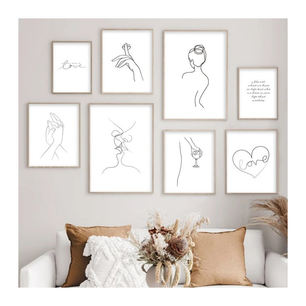Abstrakte Leinwandmalerei Potdemiel mit Porträt von Frau und Kuss in Schwarz und Weiß im skandinavischen Stil als Wandbild für dein Wohnzimmer - Bild 1