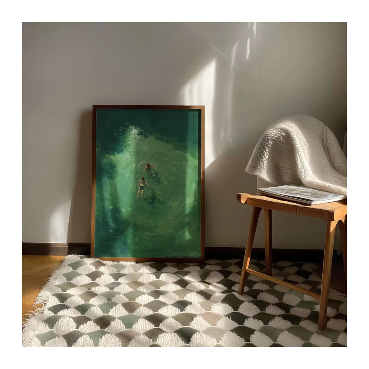 Abstrakte Wandkunst SHENCHEN in Grün im Vintage-Stil als rechteckige Holzdekoration im Hochformat - Bild 4