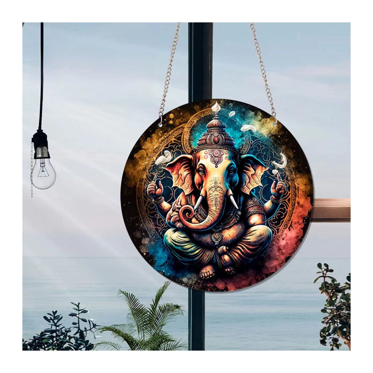 Abstrakter Ganesha Sun Catcher aus Acryl in Mehrfarbig, Orientalische Fensterdekoration Rund, Durchmesser: 15 cm - Bild 3