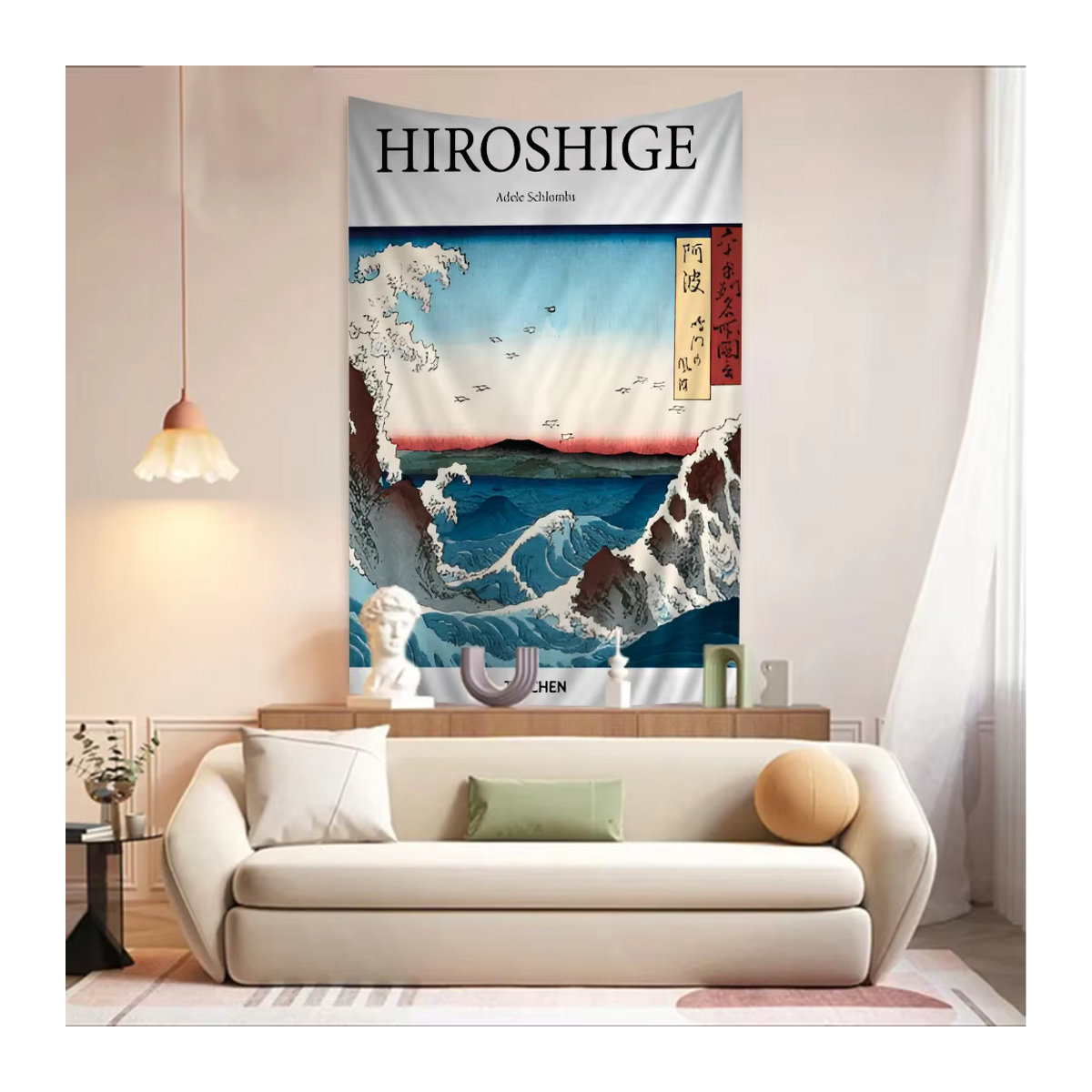 Abstrakter Wandteppich im japanischen Katsushika Hokusai Stil von Potdemiel, mehrfarbig, Textil Wandkunst für dein Wohnzimmer oder Wohnheim - Bild 3
