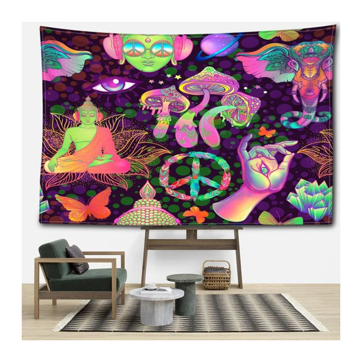 Abstrakter Wandteppich mit Pilzen und Buddha-Statuen im Bohemian Stil von Super Six, mehrfarbig, B/H: 95 x 73 cm - Bild 1