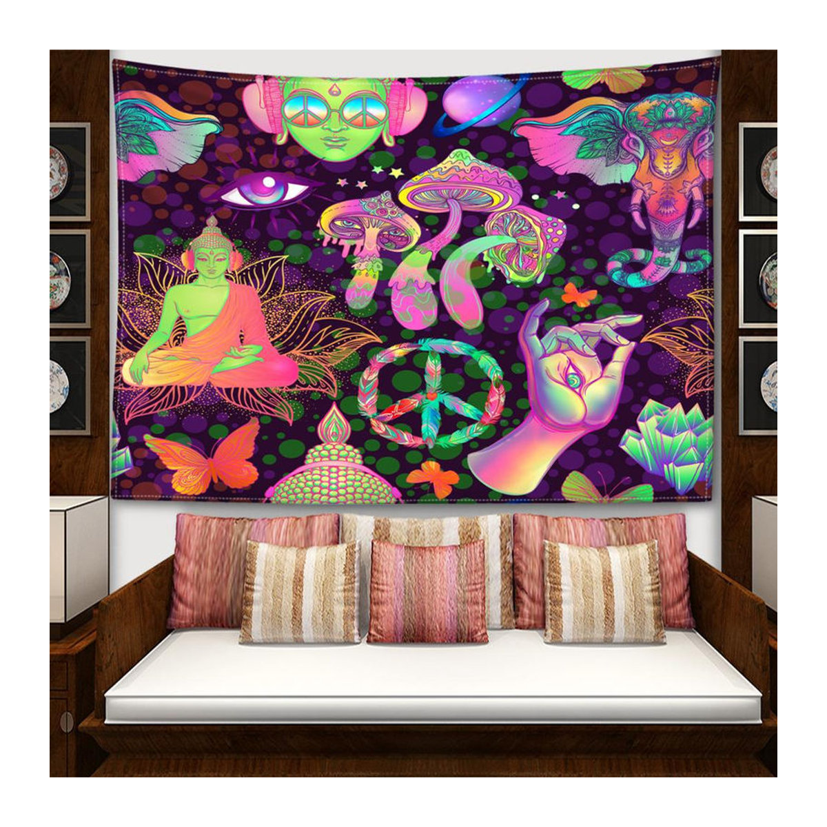 Abstrakter Wandteppich mit Pilzen und Buddha-Statuen im Bohemian Stil von Super Six, mehrfarbig, B/H: 95 x 73 cm - Bild 2