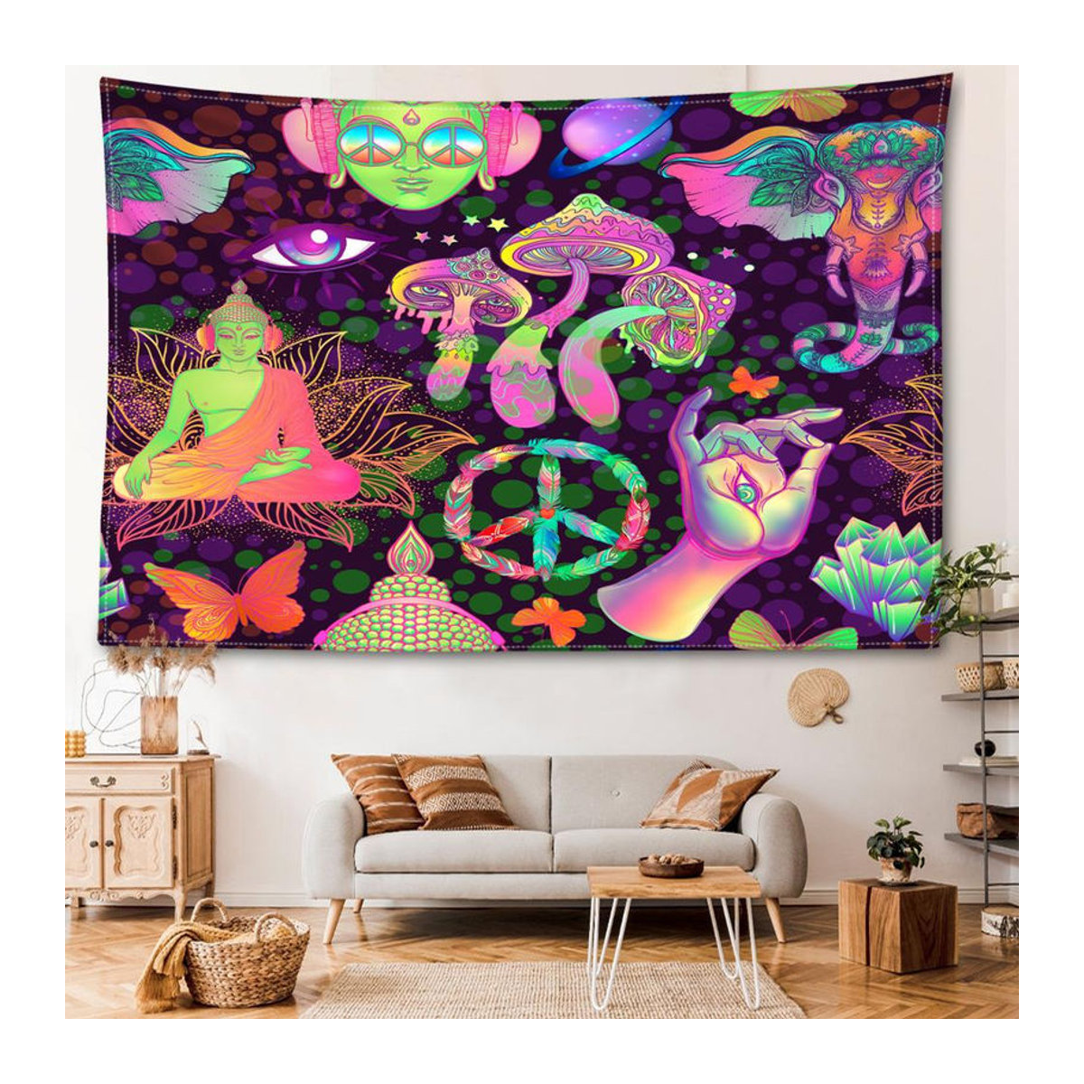 Abstrakter Wandteppich mit Pilzen und Buddha-Statuen im Bohemian Stil von Super Six, mehrfarbig, B/H: 95 x 73 cm - Bild 3
