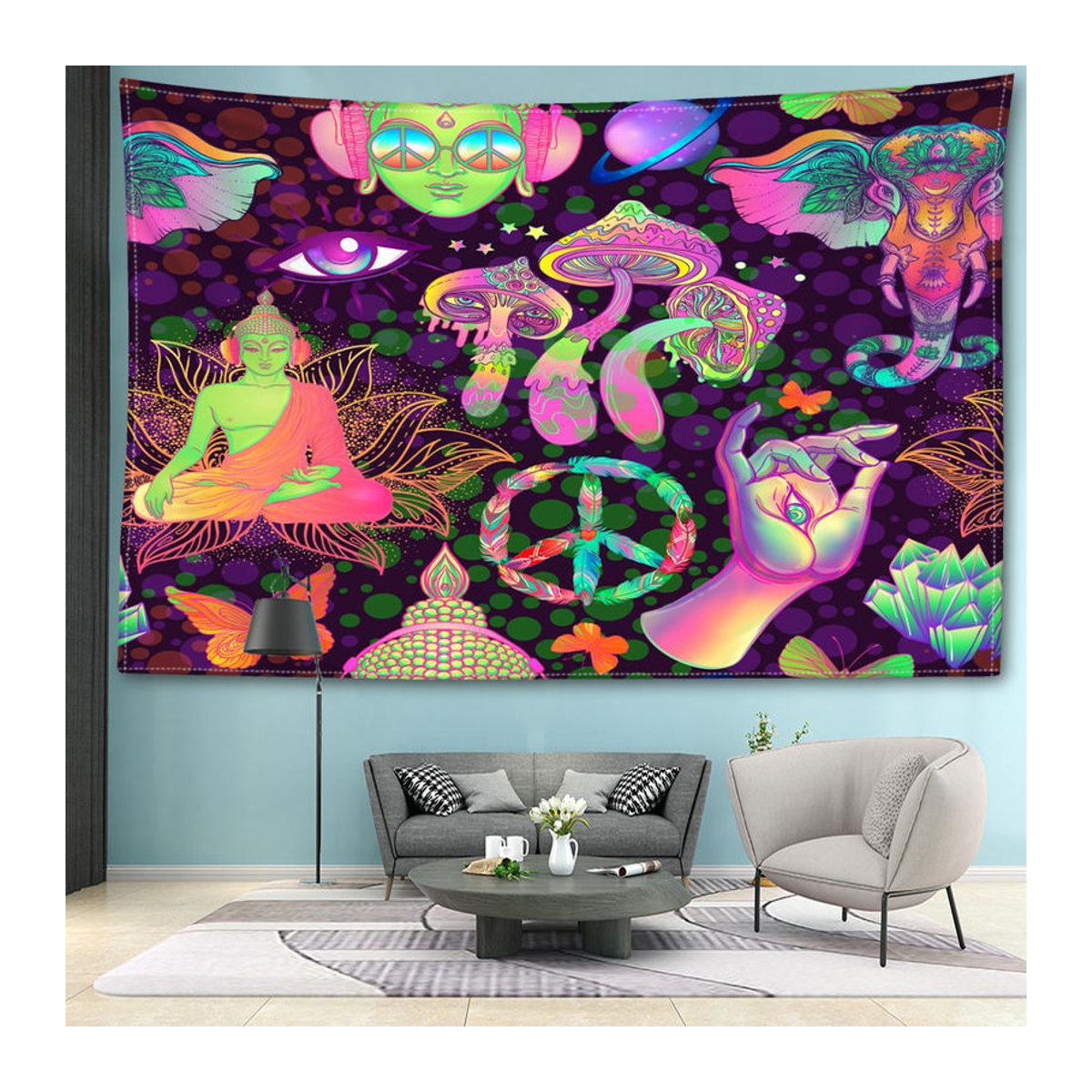 Abstrakter Wandteppich mit Pilzen und Buddha-Statuen im Bohemian Stil von Super Six, mehrfarbig, B/H: 95 x 73 cm - Bild 4