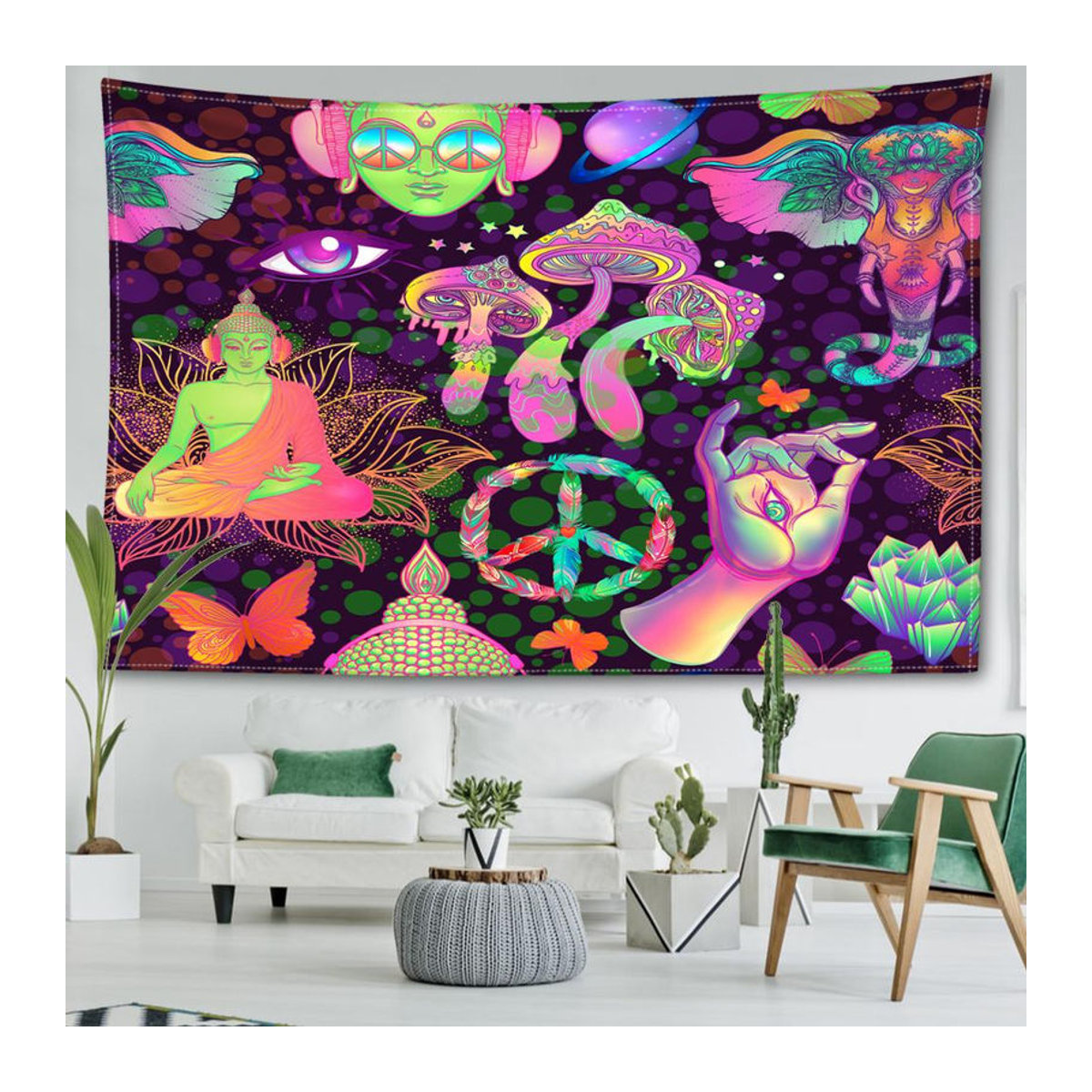 Abstrakter Wandteppich mit Pilzen und Buddha-Statuen im Bohemian Stil von Super Six, mehrfarbig, B/H: 95 x 73 cm - Bild 5