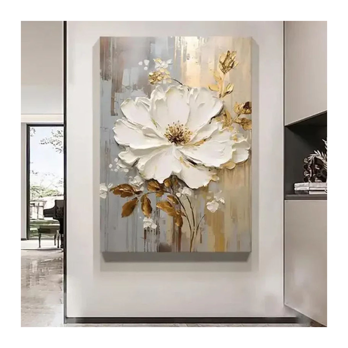 Abstraktes Blumen-Ölgemälde auf Leinwand in Weiß mit Goldakzenten als luxuriöse Wandkunst zur Raumdekoration - Bild 1