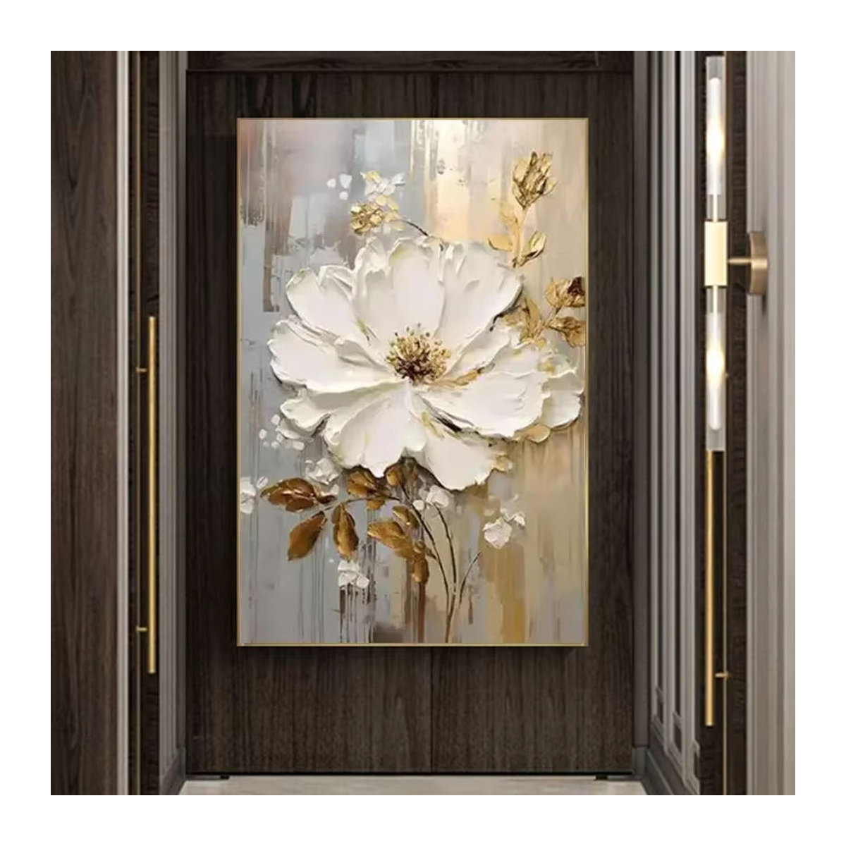 Abstraktes Blumen-Ölgemälde auf Leinwand in Weiß mit Goldakzenten als luxuriöse Wandkunst zur Raumdekoration - Bild 2