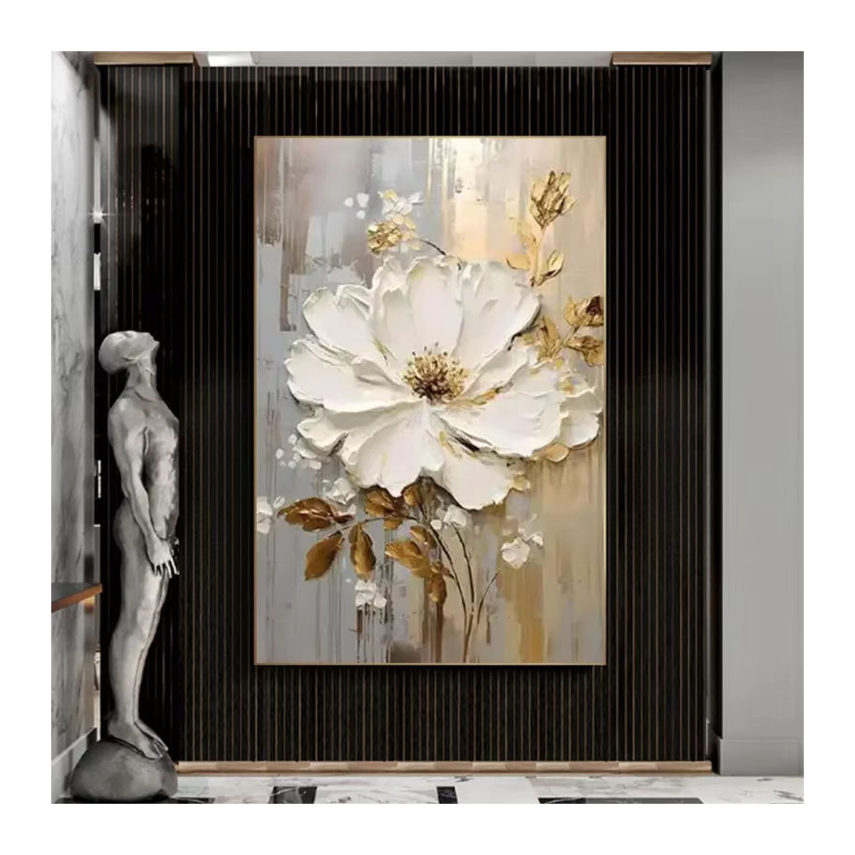 Abstraktes Blumen-Ölgemälde auf Leinwand in Weiß mit Goldakzenten als luxuriöse Wandkunst zur Raumdekoration - Bild 3