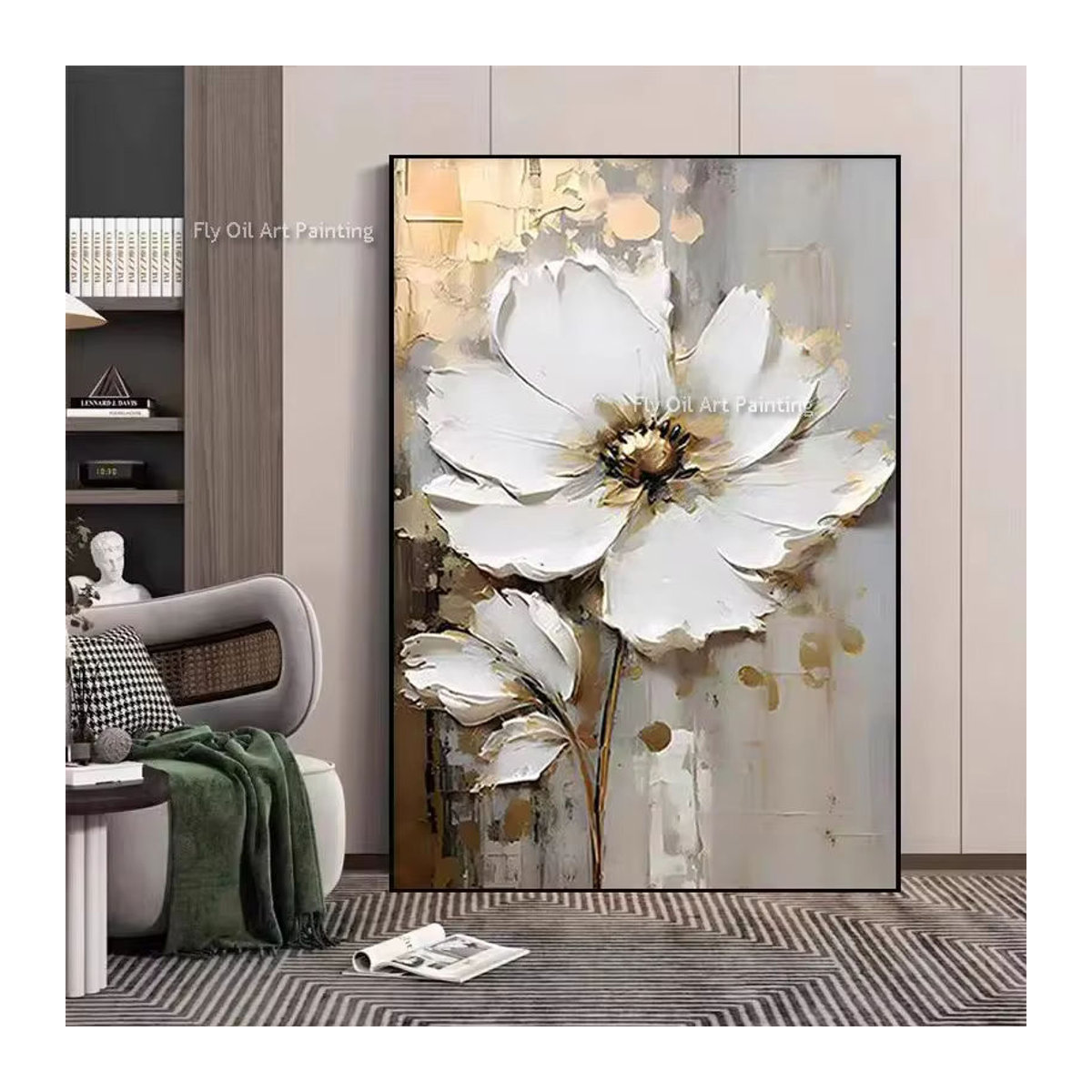 Abstraktes Blumen-Ölgemälde auf Leinwand in Weiß mit Goldakzenten als luxuriöse Wandkunst zur Raumdekoration - Bild 4