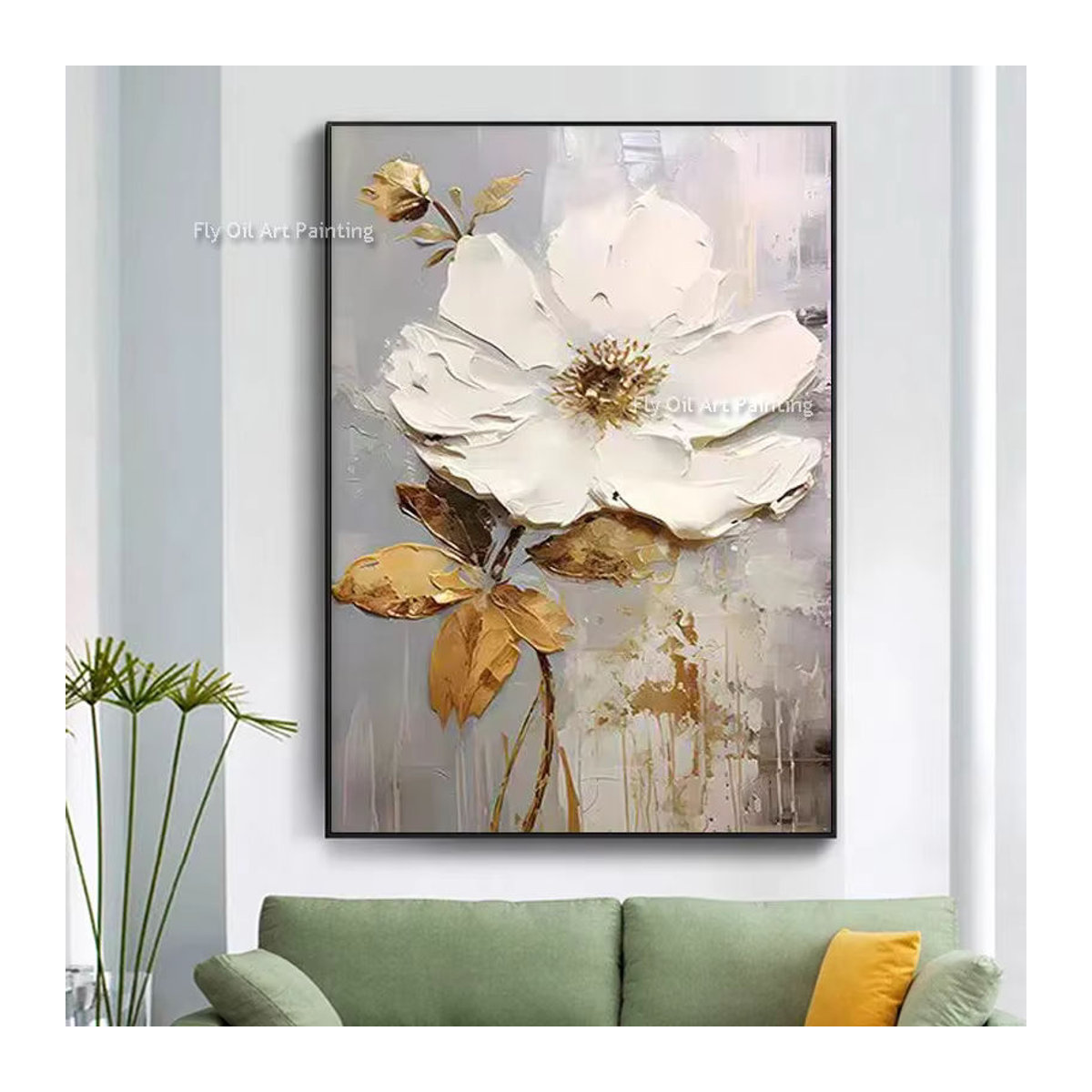Abstraktes Blumen-Ölgemälde auf Leinwand in Weiß mit Goldakzenten als luxuriöse Wandkunst zur Raumdekoration - Bild 5