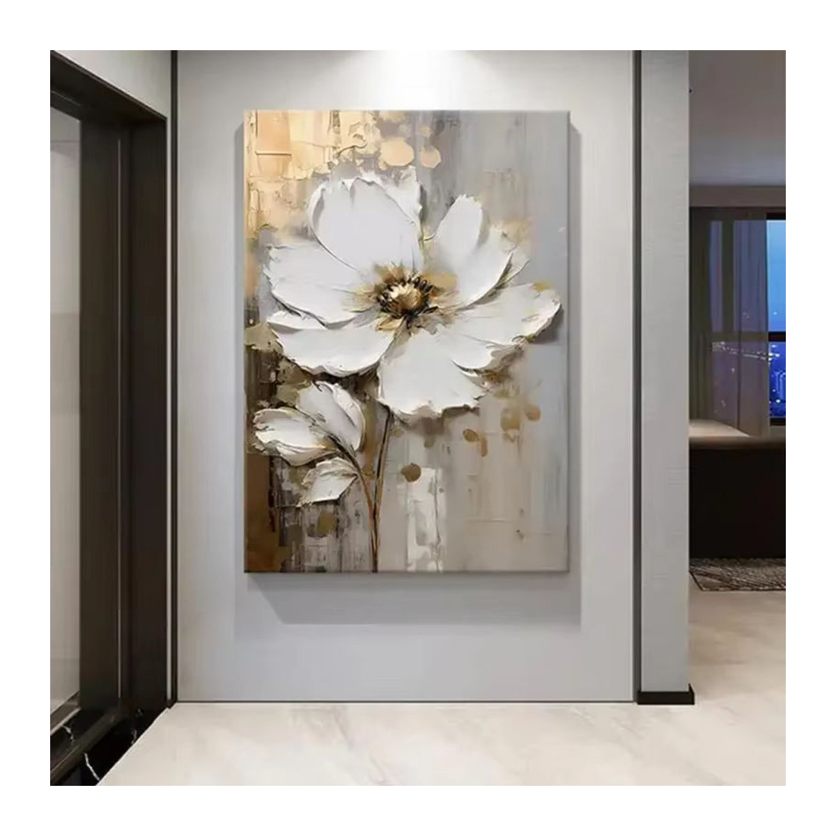 Abstraktes Blumen-Ölgemälde auf Leinwand in Weiß mit Goldakzenten als luxuriöse Wandkunst zur Raumdekoration - Bild 6