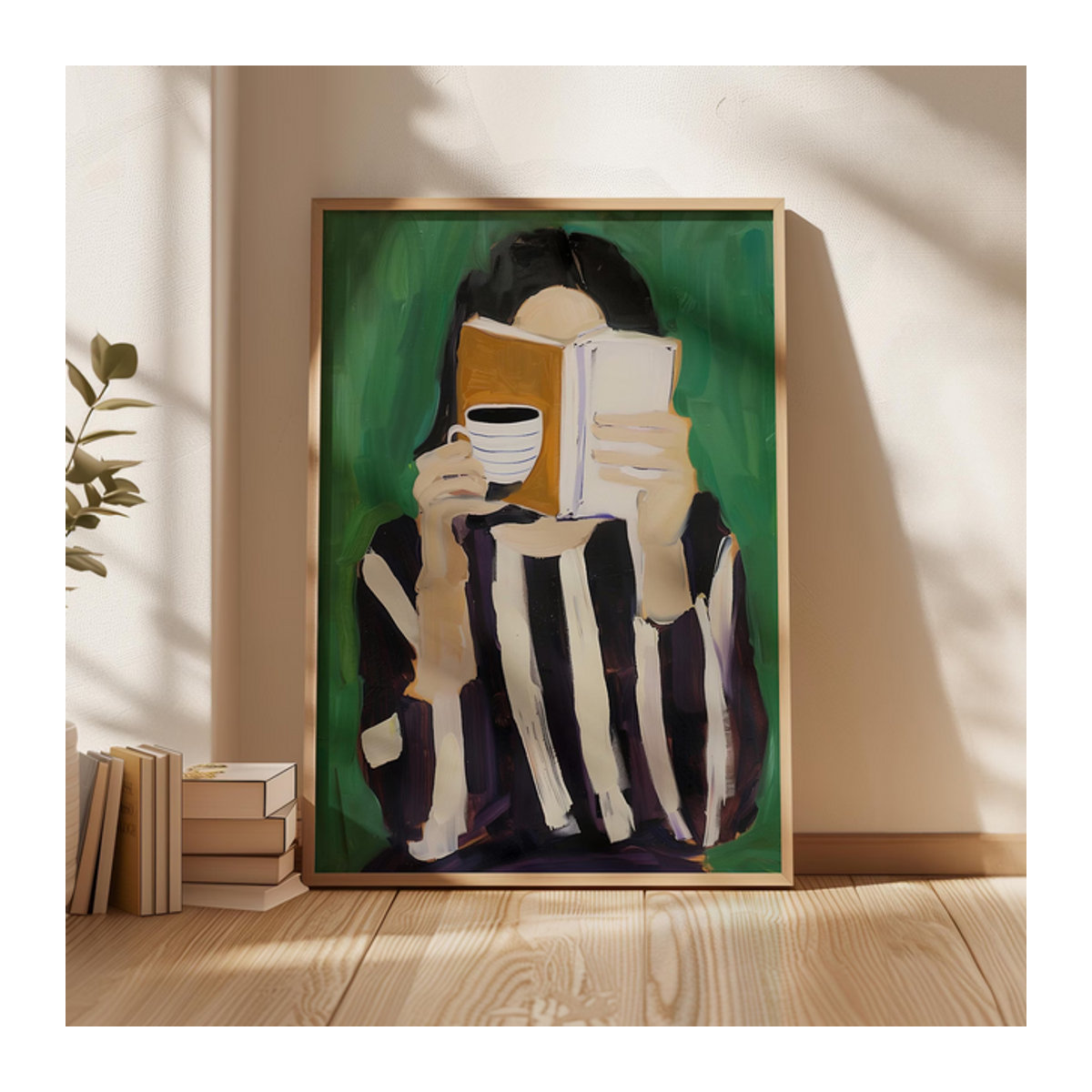 Abstraktes Frauenporträt Wandbild von SHENCHEN in Smaragdgrün mit minimalistischem Streifen-Design und Buch-Illustration aus Holz - Bild 1