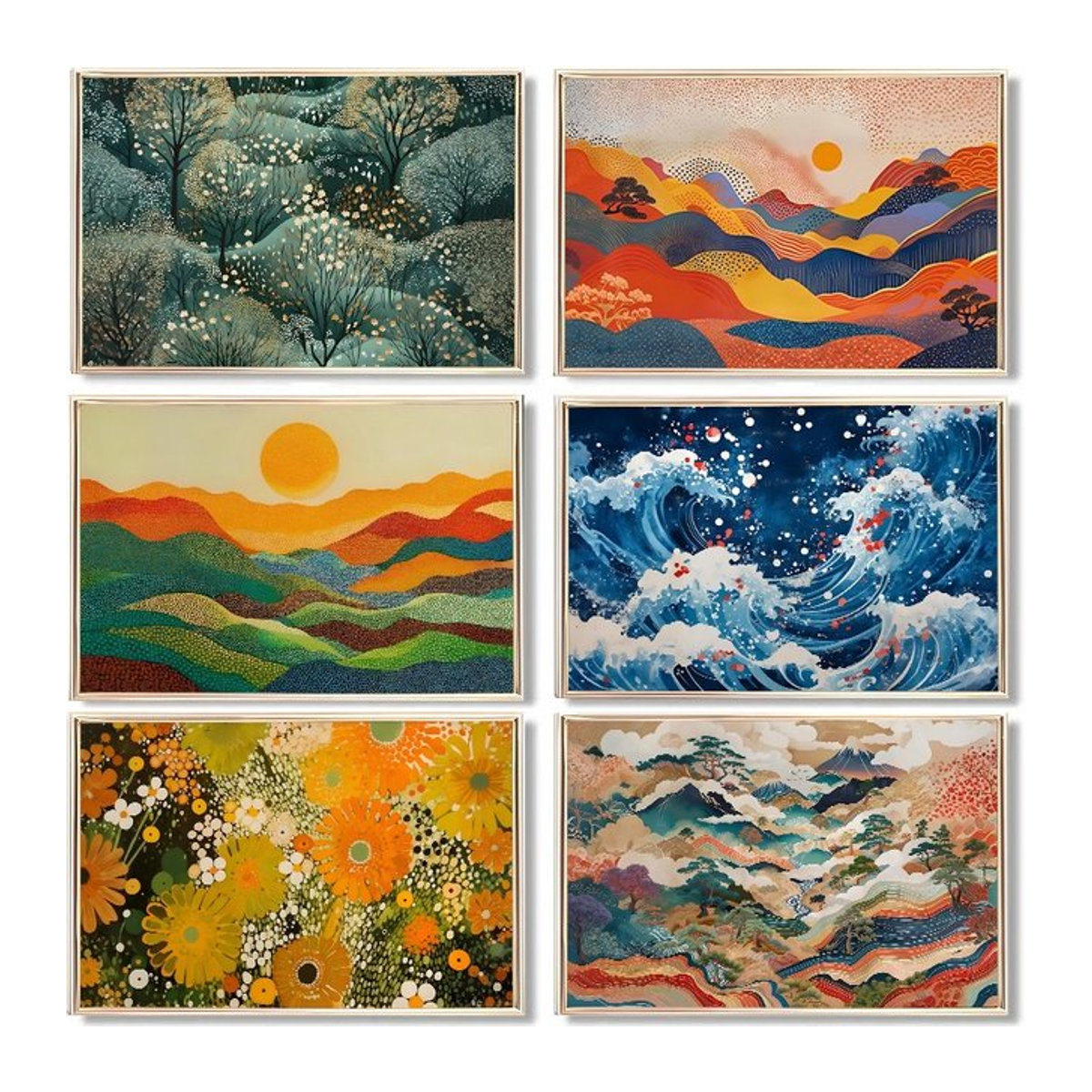 Abstraktes Leinwandgemälde Yayoi Kusama mit japanischer Naturlandschaft in Mehrfarbig, Modernes Wandbild im Querformat für dein Wohnzimmer - Bild 1