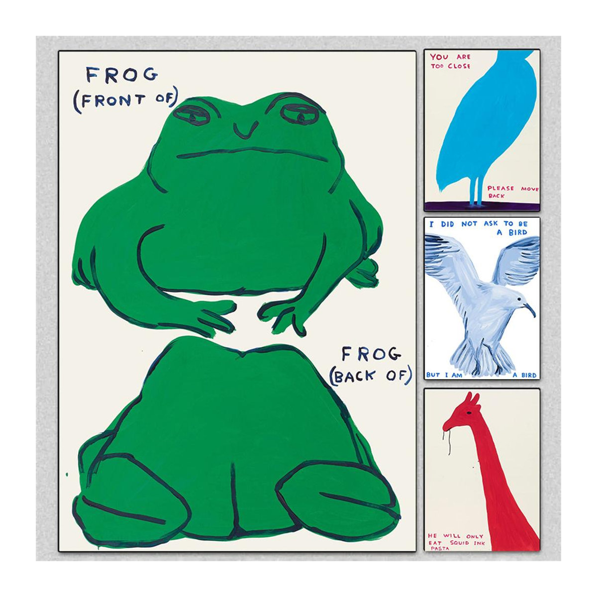 Abstraktes Leinwandposter David Shrigley mit Frosch, Giraffe, Banane und Tomate, mehrfarbig, B: 60 cm, H: 90 cm, rahmenlos - Bild 1