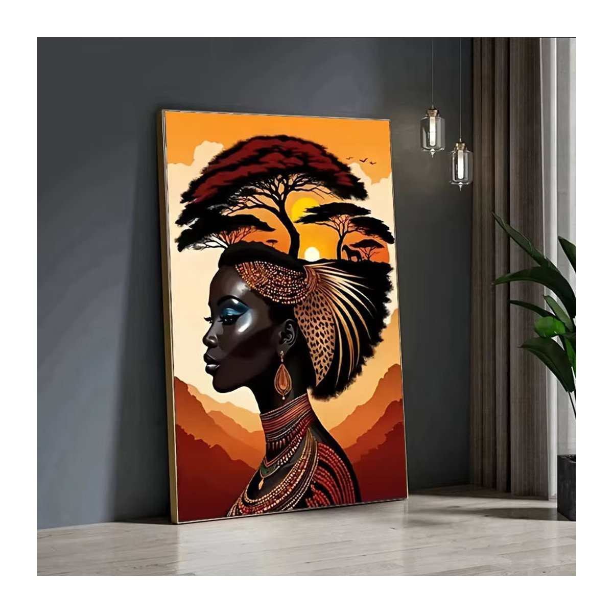 Abstraktes Porträt einer afrikanischen schwarzen Frau als mehrfarbiger Leinwanddruck im Hochformat zur Wanddekoration - Bild 1