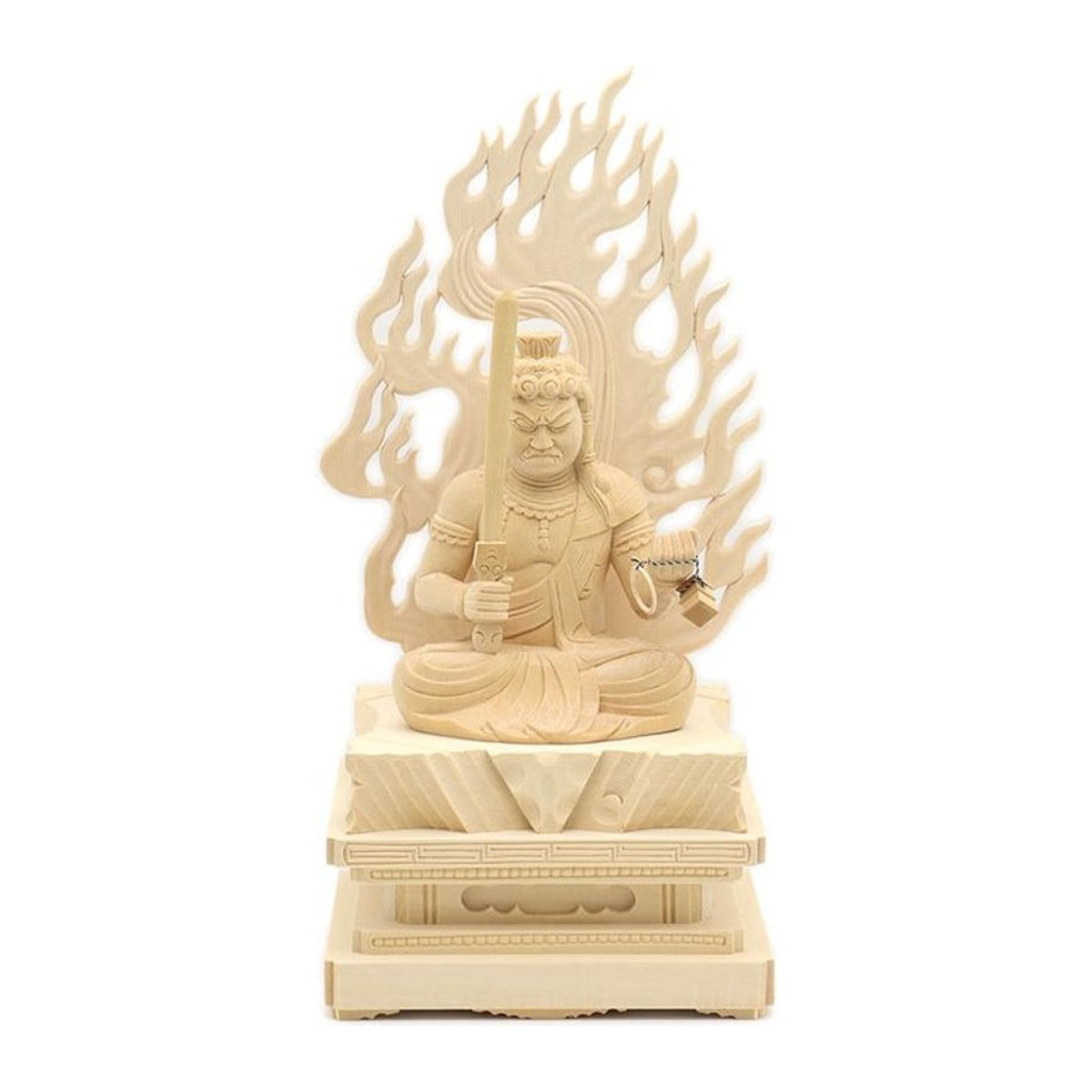 Acala Buddha Statue aus geschnitztem Zypressenholz in Beige, sitzende buddhistische Figur mit Flammen-Heiligenschein und quadratischem Felsfuß, Höhe: 78,74 cm, Breite: 40,64 cm, Tiefe: 30,48 cm - Bild 1
