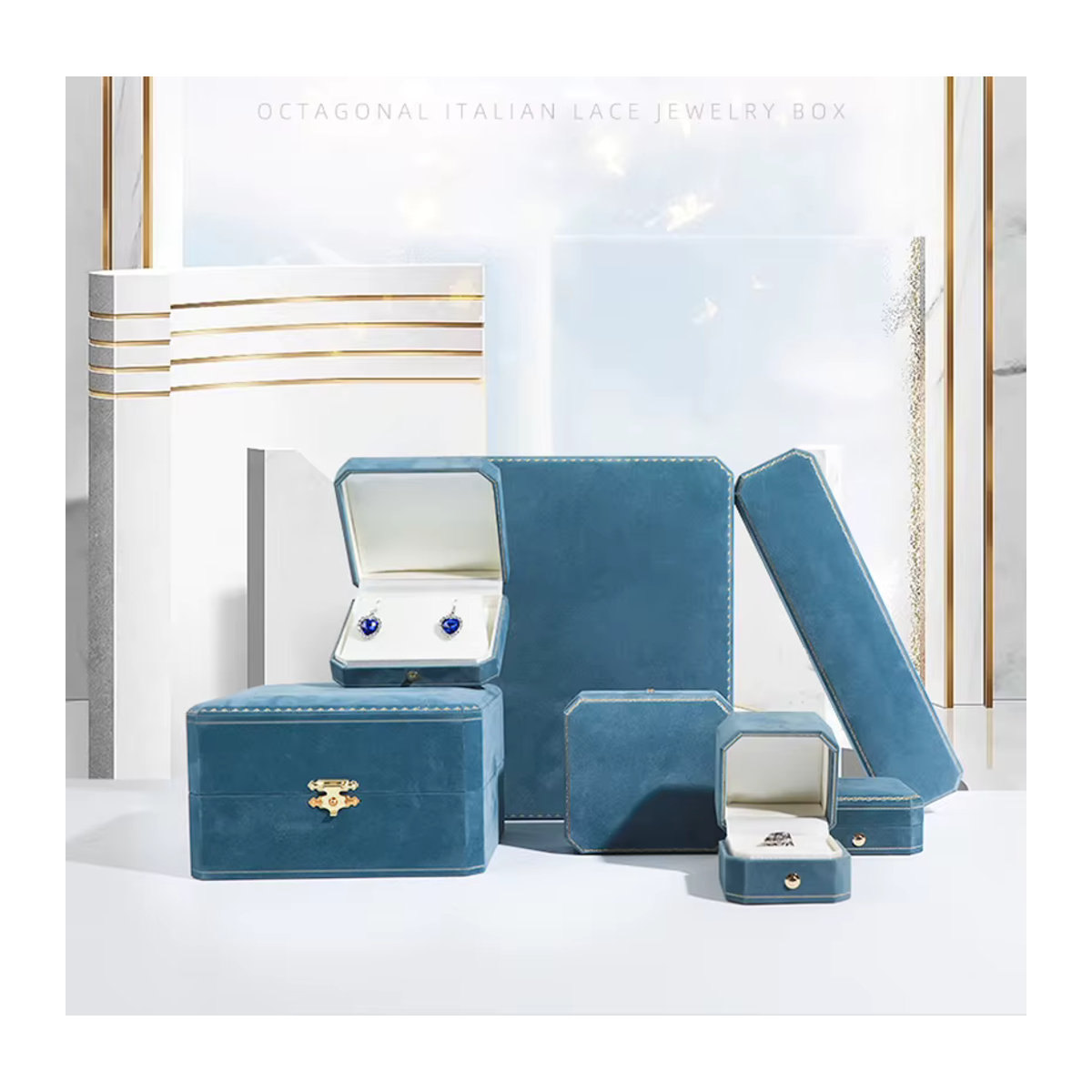 Achteckige Schmuck Organizer Box aus Flanell in Blau im Vintage-Design zur Aufbewahrung von Ohrringen, Ringen, Anhängern, Halsketten und Armbändern - Bild 3