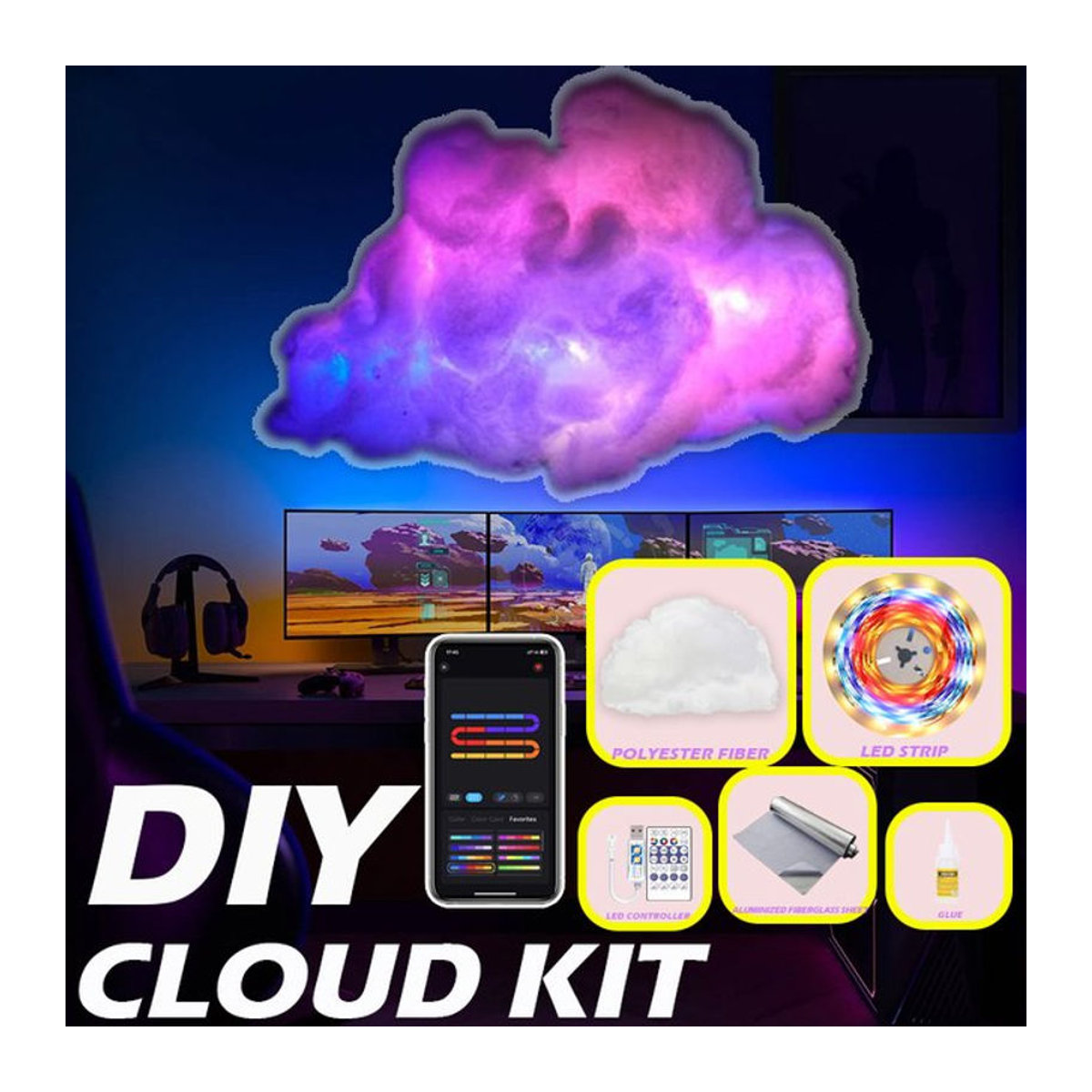 Acosh Neon 3D-Wolkenlicht mit Blitzlicht-Effekt und 7 Lichtarten, bunt, zur Heimdekoration mit App-Steuerung und 360-Grad-Wireless-Fernbedienung - Bild 1