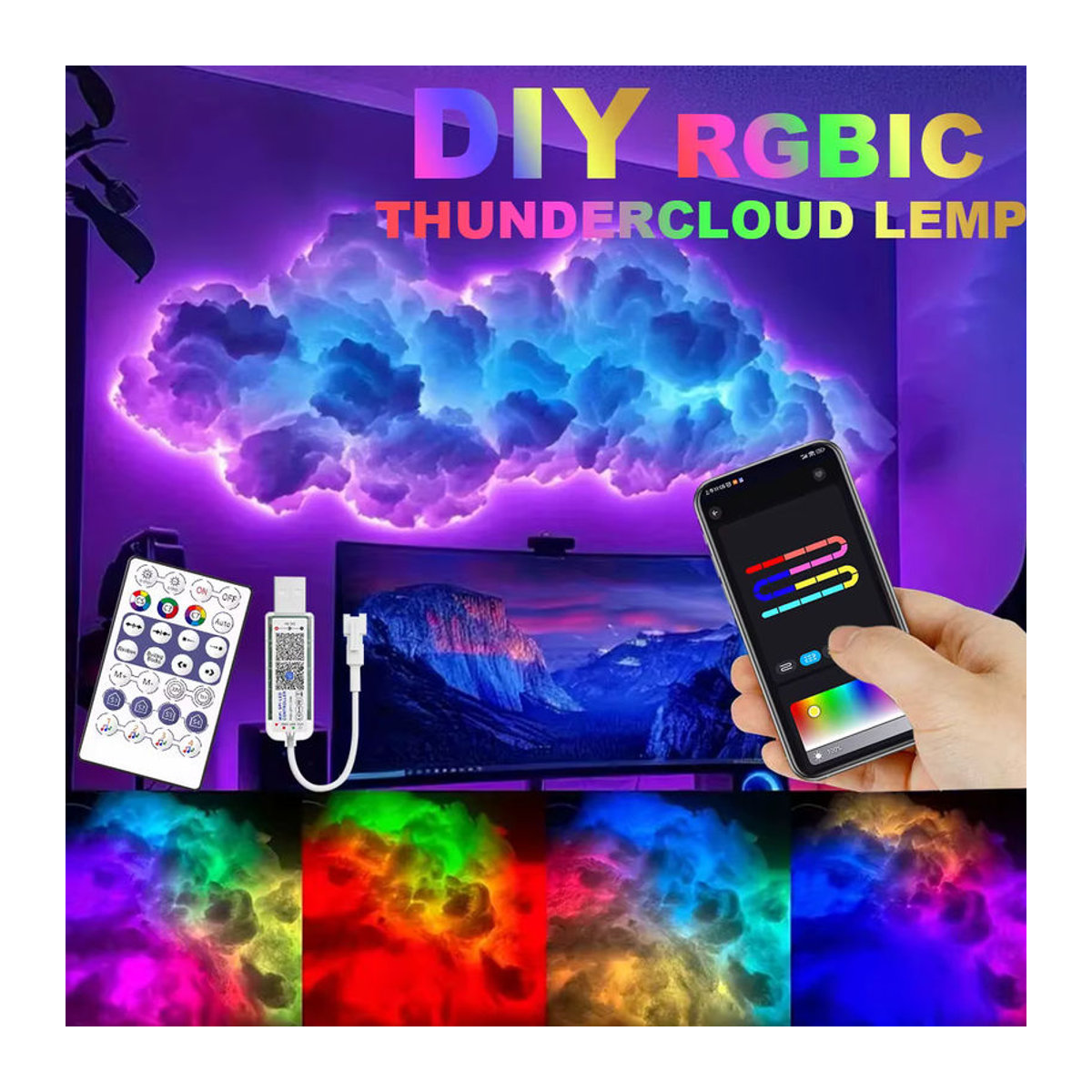 Acosh Neon 3D-Wolkenlicht mit Blitzlicht-Effekt und 7 Lichtarten, bunt, zur Heimdekoration mit App-Steuerung und 360-Grad-Wireless-Fernbedienung - Bild 4