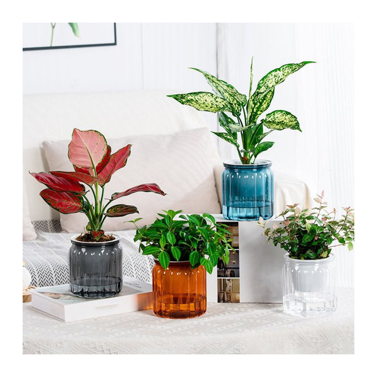 ACRDDK Blumentopf aus Kunststoff mit Selbstbewässerung für Sukkulenten und Bonsai, rund und mehrfarbig gestreift, moderne Tischdekoration - Bild 1