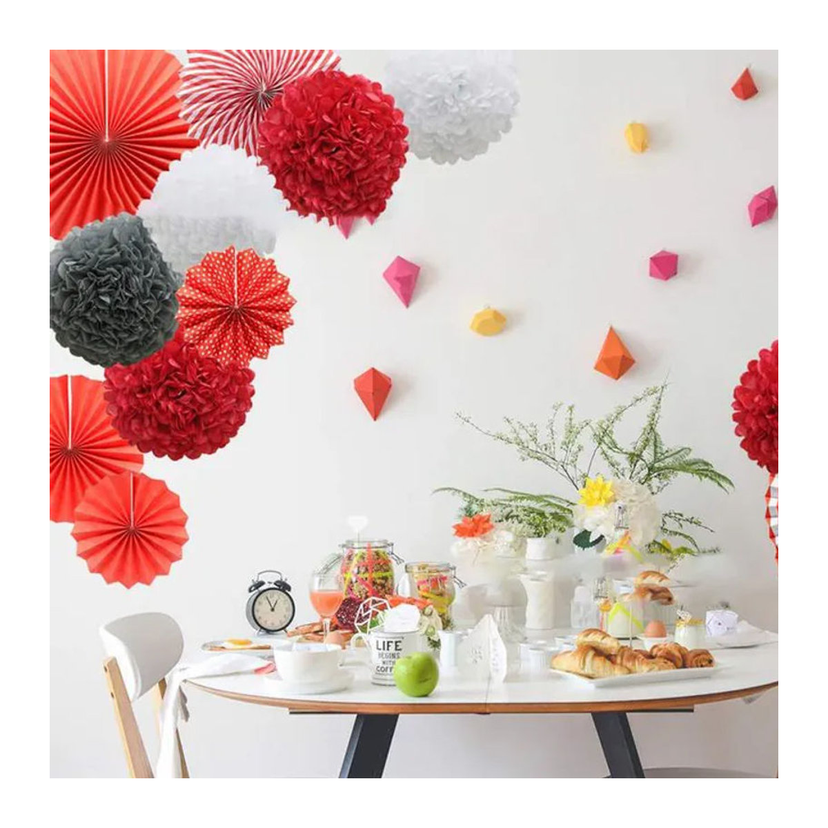 ACRDDK Dekorationsset aus Papier mit Blumen, Fächern und Kugeln in Schwarz, Weiß und Mehrfarbig für Hochzeit, Geburtstag und Partys - Bild 1